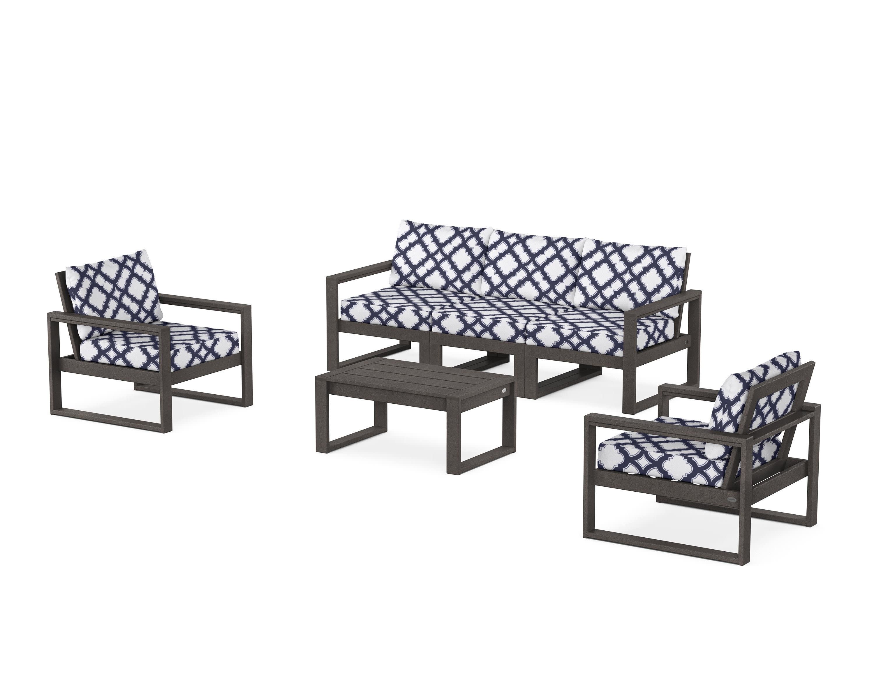 EDGE Sectional 4-Piece Deep Seating Set with Sofa in Vintage Coffee / Trellis Navy