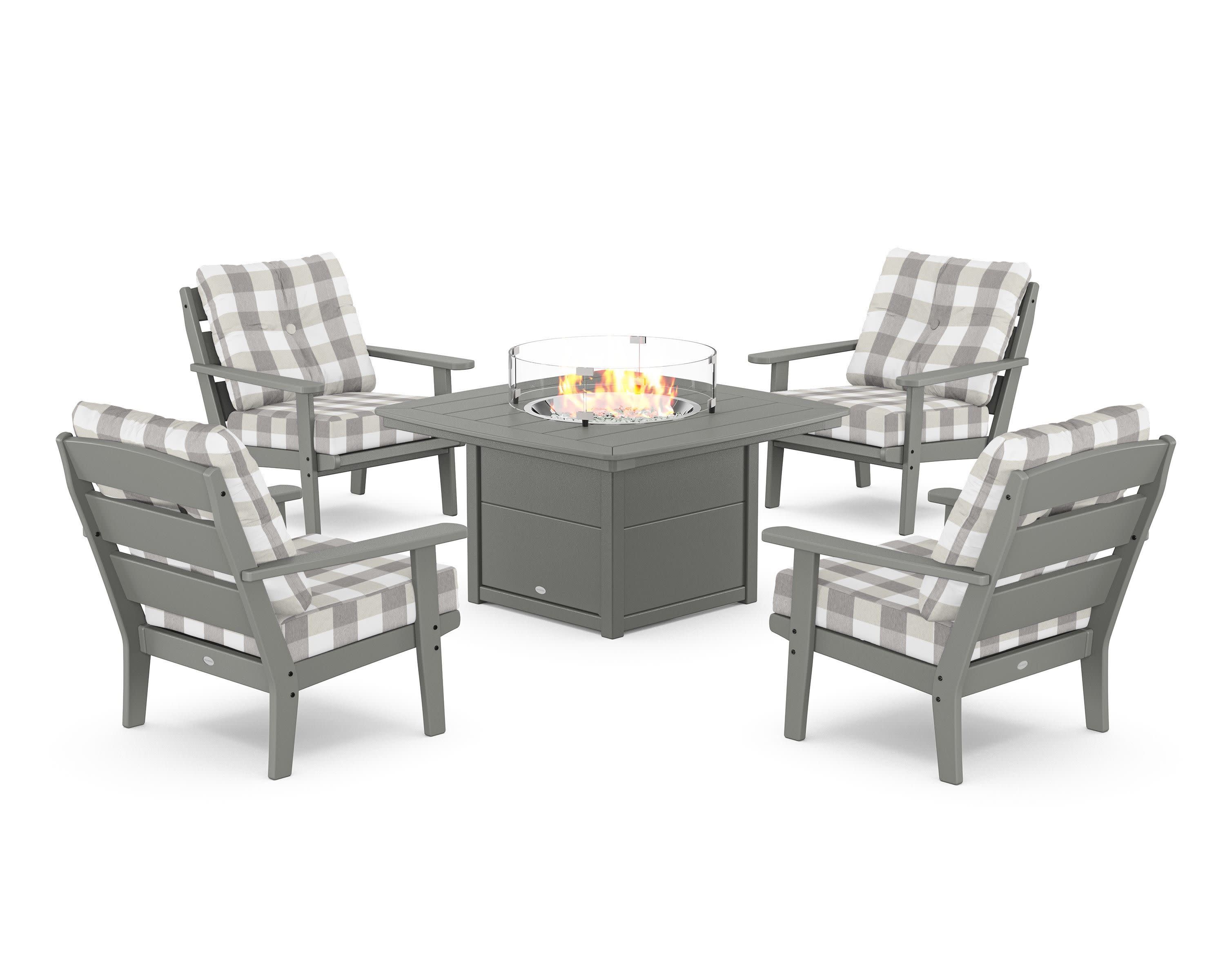 Lakeside 5-Piece Deep Seating Set with Nautical Fire Pit Table in Slate Grey / Buffalo Plaid Grey Mist