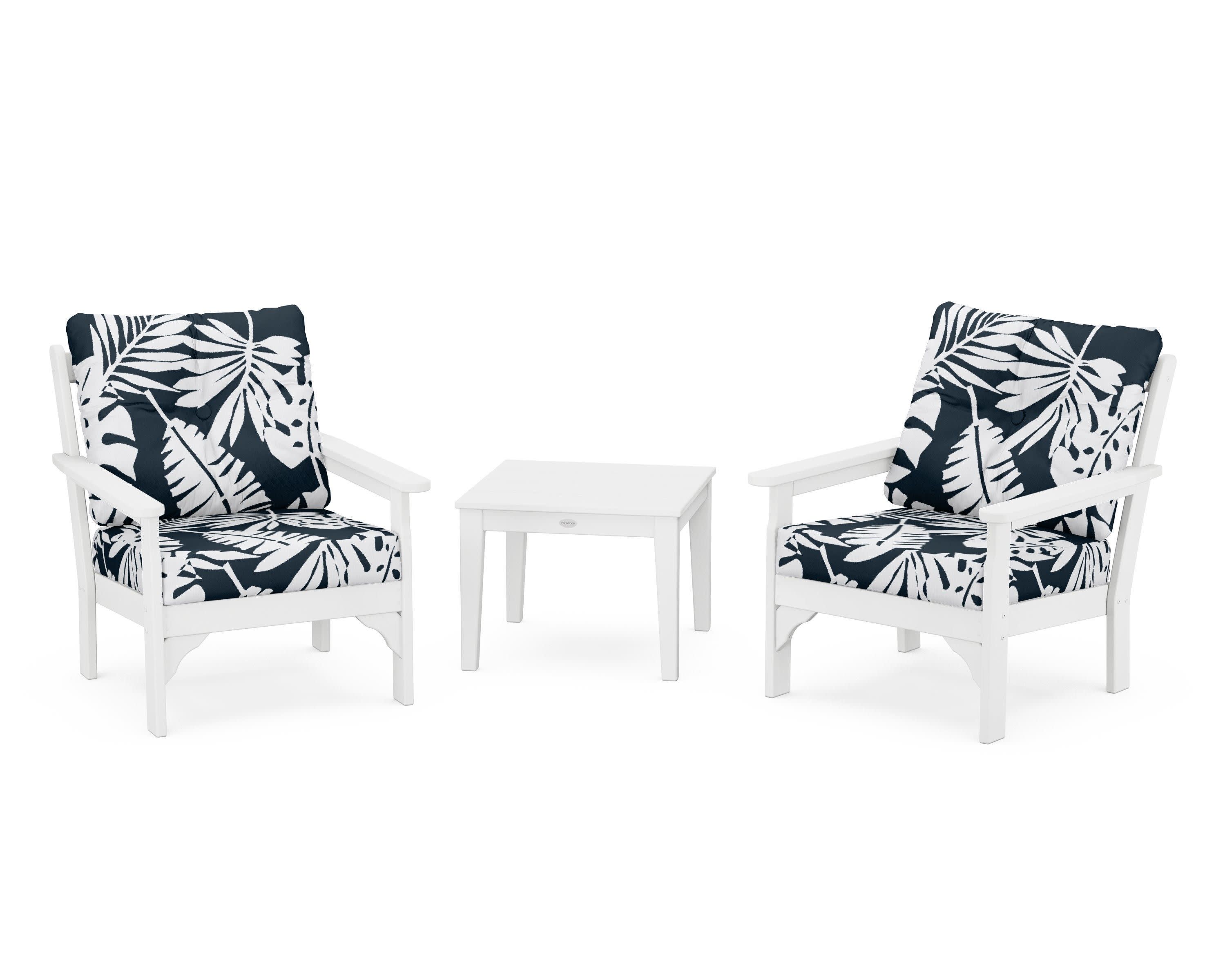 Vineyard 3-Piece Deep Seating Set in White / Leaf Marine Indigo