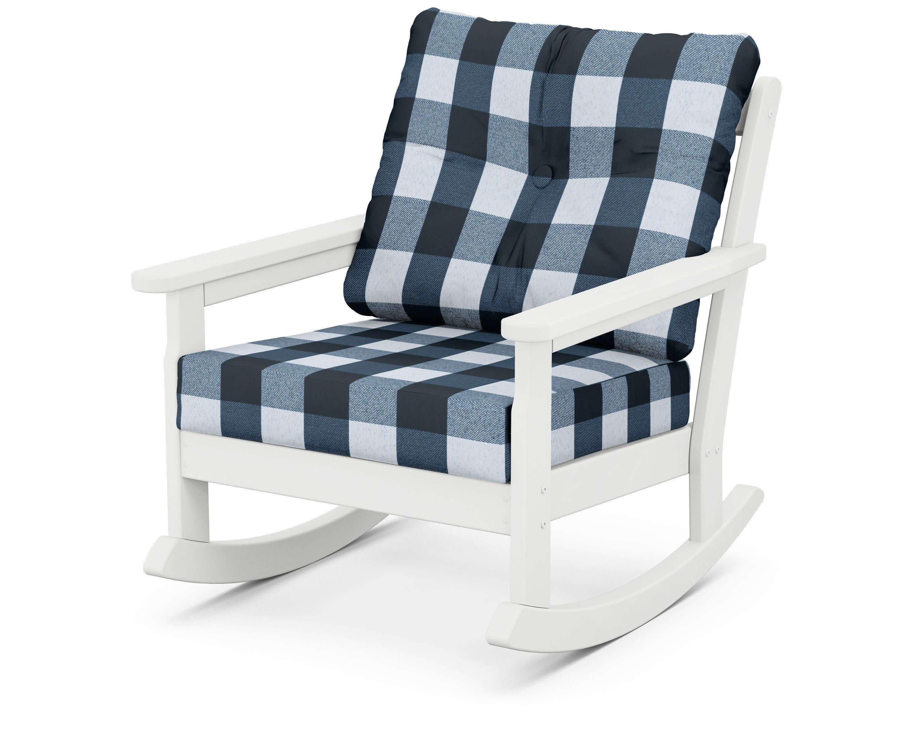 Vineyard Deep Seating Rocking Chair in White / Buffalo Plaid Marine Indigo