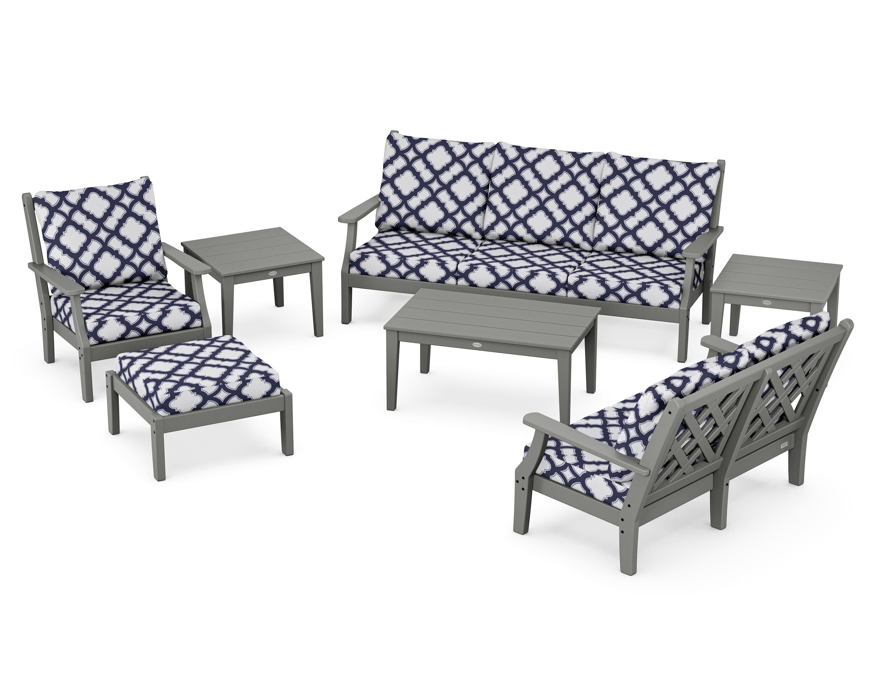 Wovendale 7-Piece Deep Seating Set in Slate Grey / Trellis Navy