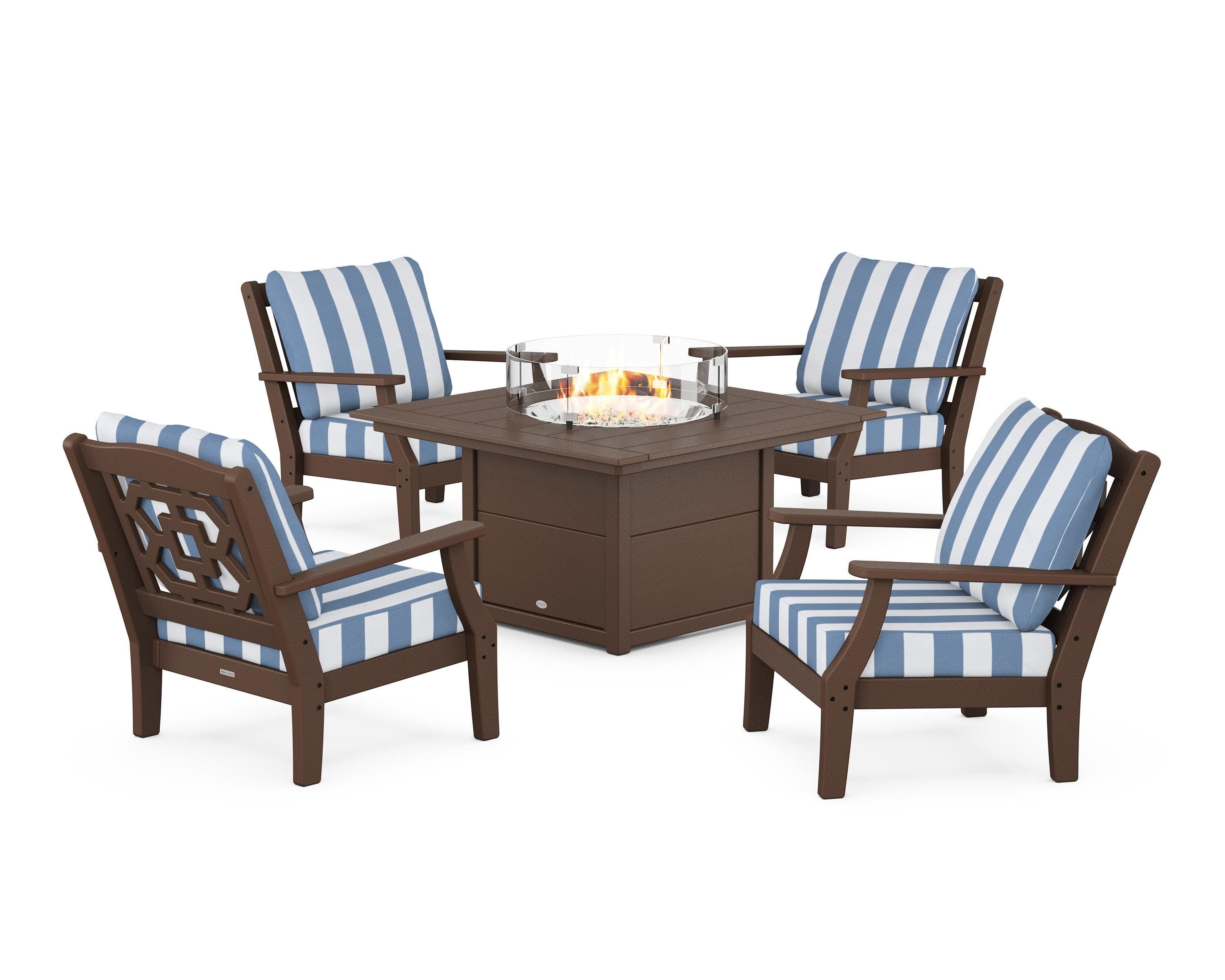 Chinoiserie 5-Piece Deep Seating Set with Fire Pit Table in Mahogany / Cabana Stripe Sky Blue