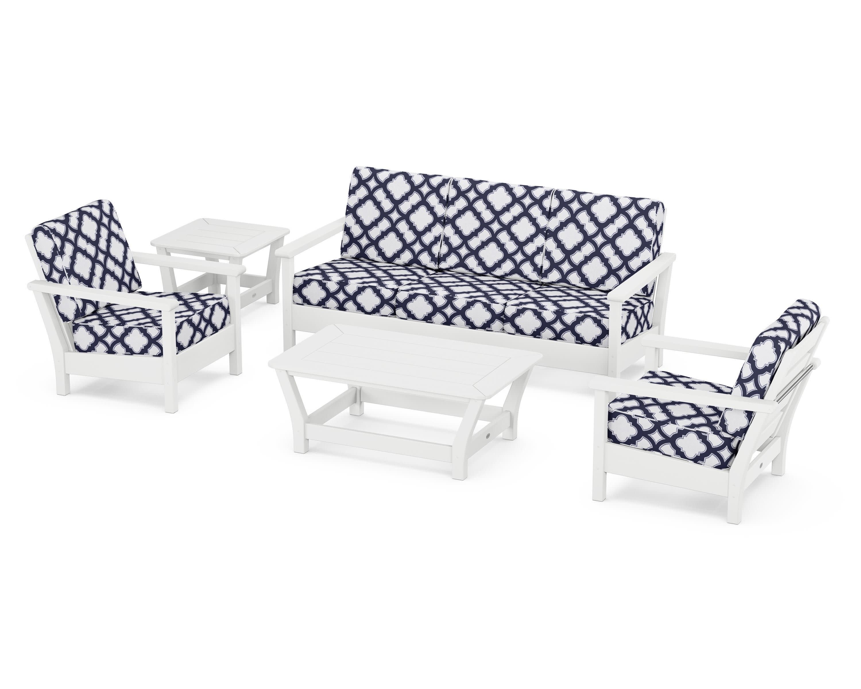 Harbour 5-Piece Deep Seating Set in White / Trellis Navy