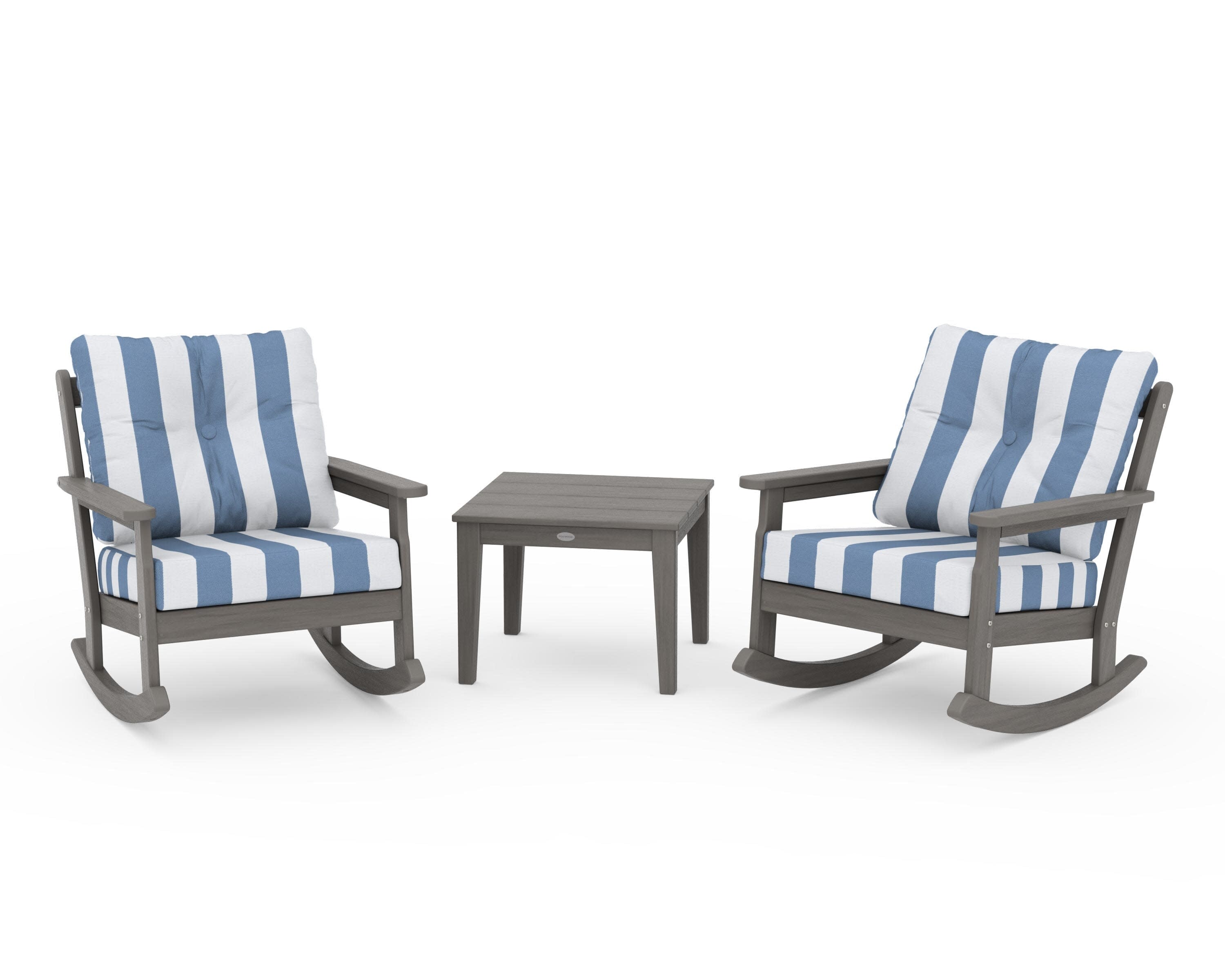 Vineyard 3-Piece Deep Seating Rocker Set in Driftwood / Cabana Stripe Sky Blue