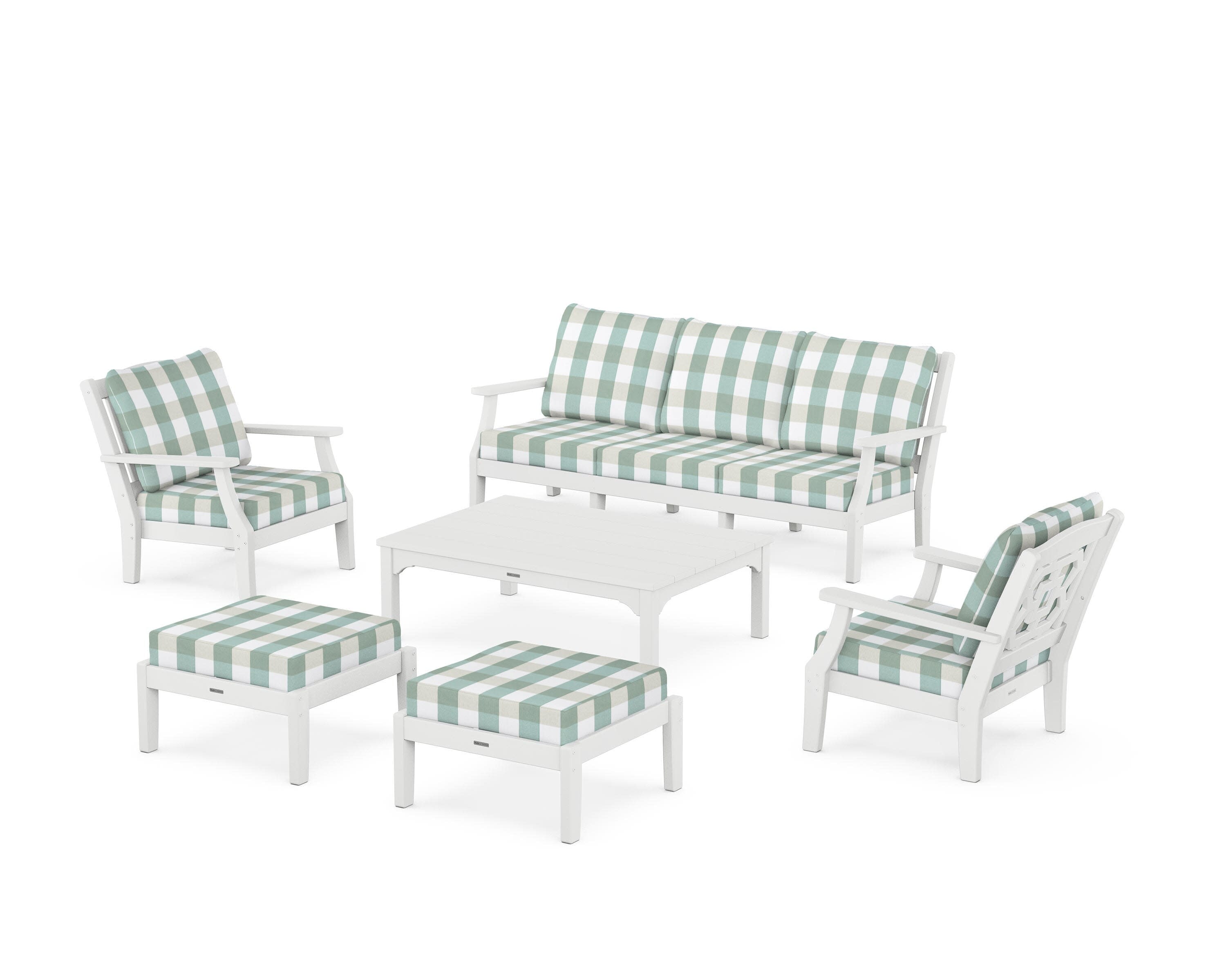 Chinoiserie 6-Piece Lounge Sofa Set in White / Buffalo Plaid Glacier Spa