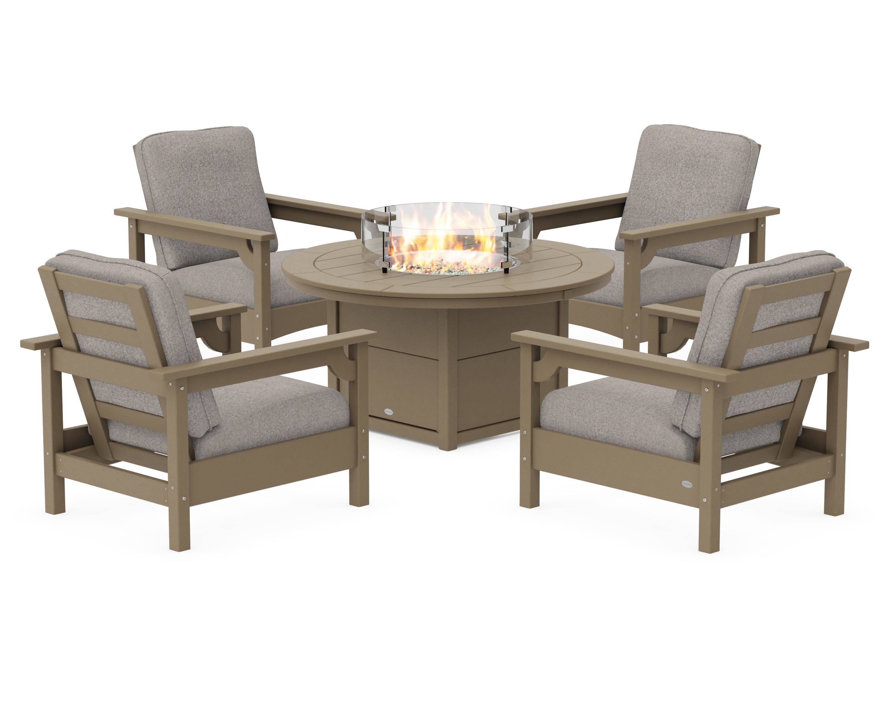 Club 5-Piece Conversation Set with Fire Pit Table in Vintage Sahara / Weathered Tweed