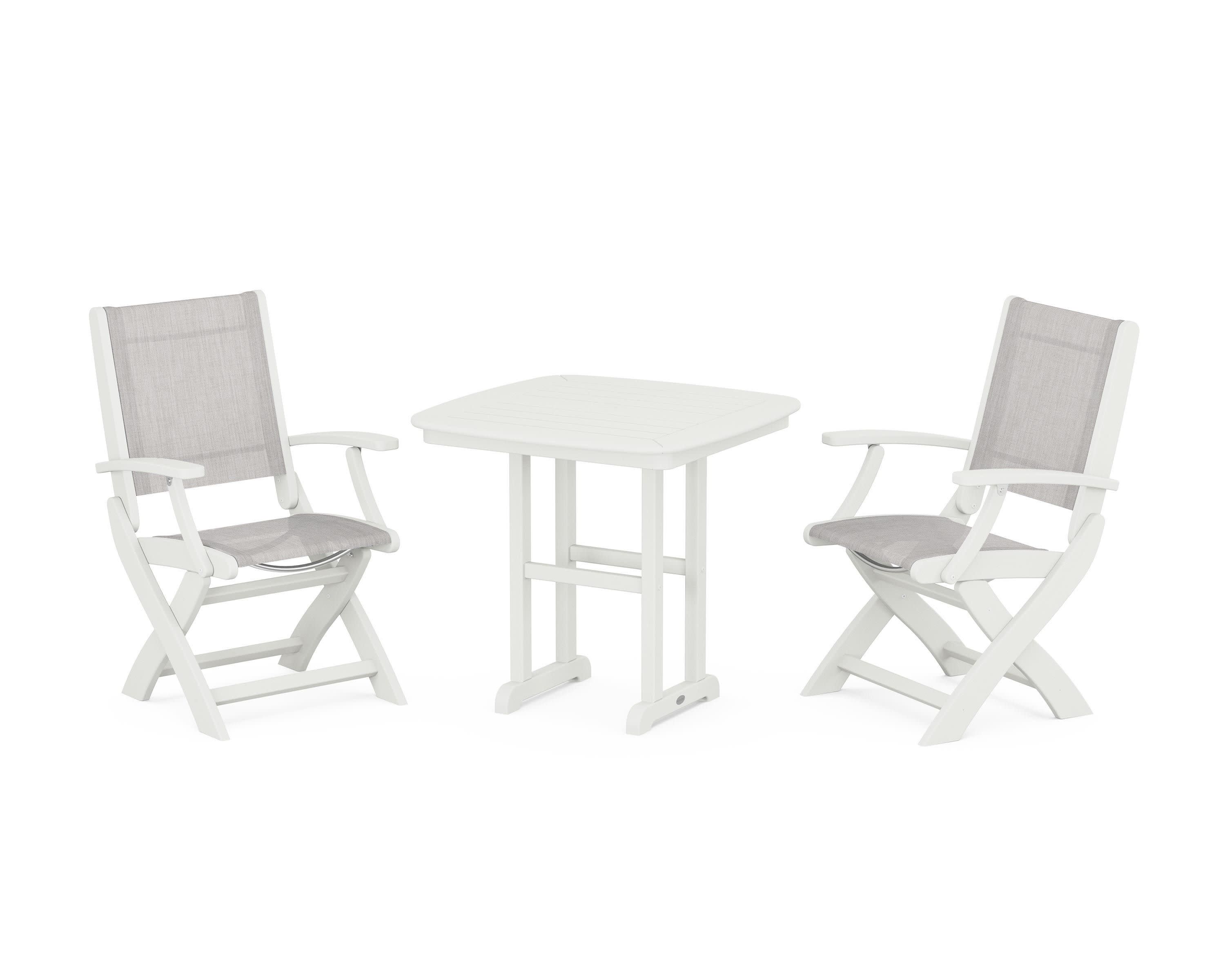 Coastal Folding Chair 3-Piece Dining Set in Vintage White / Parchment Sling