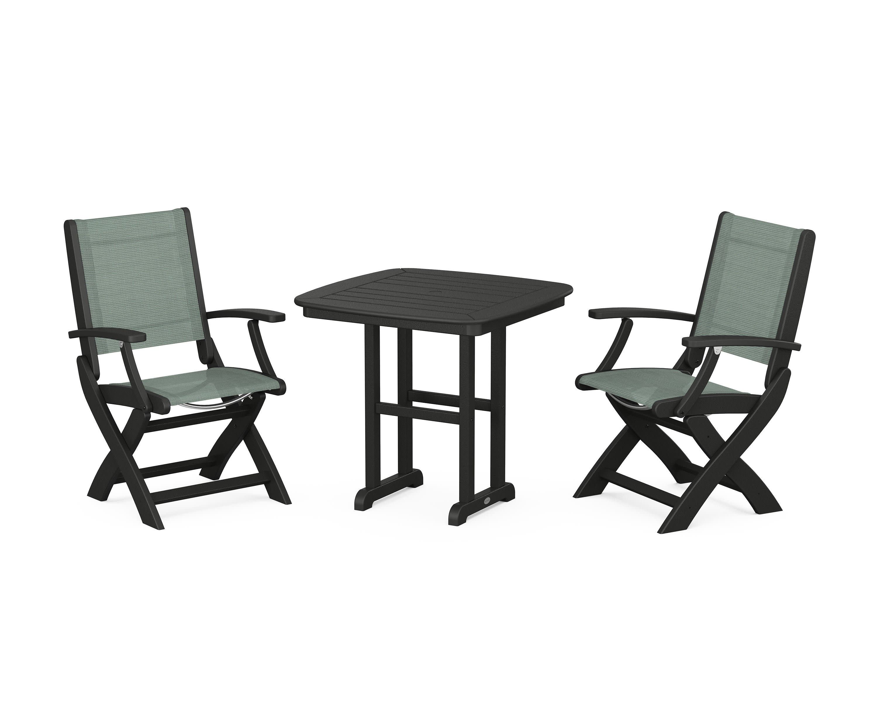 Coastal Folding Chair 3-Piece Dining Set in Black / Dupioni Sea Mist Sling