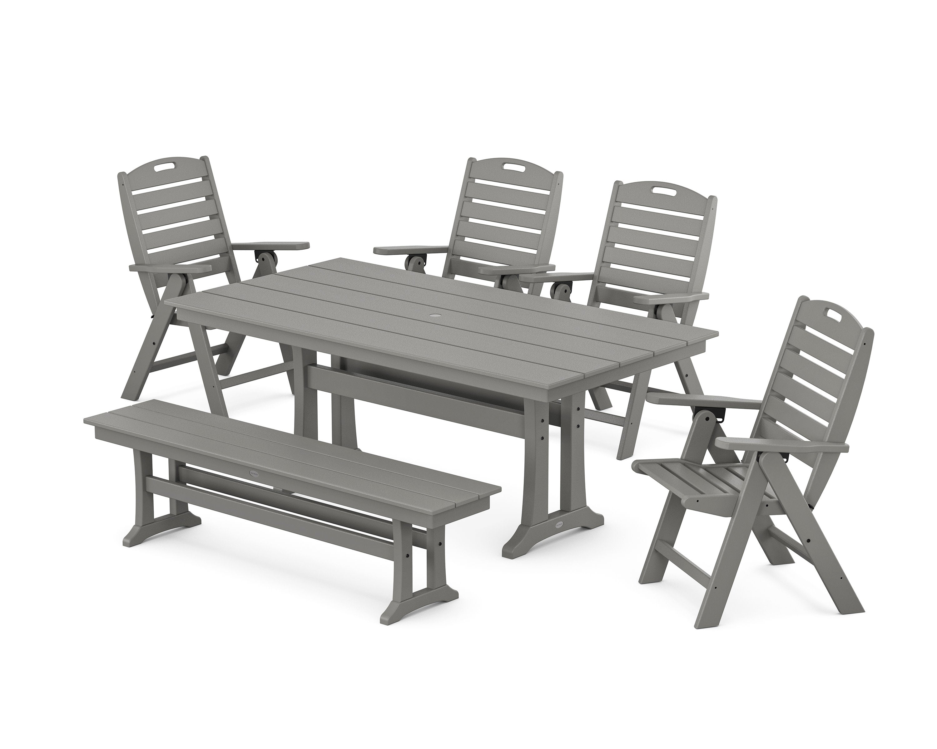 Nautical Highback 6-Piece Farmhouse Dining Set with Trestle Legs and Bench in Slate Grey