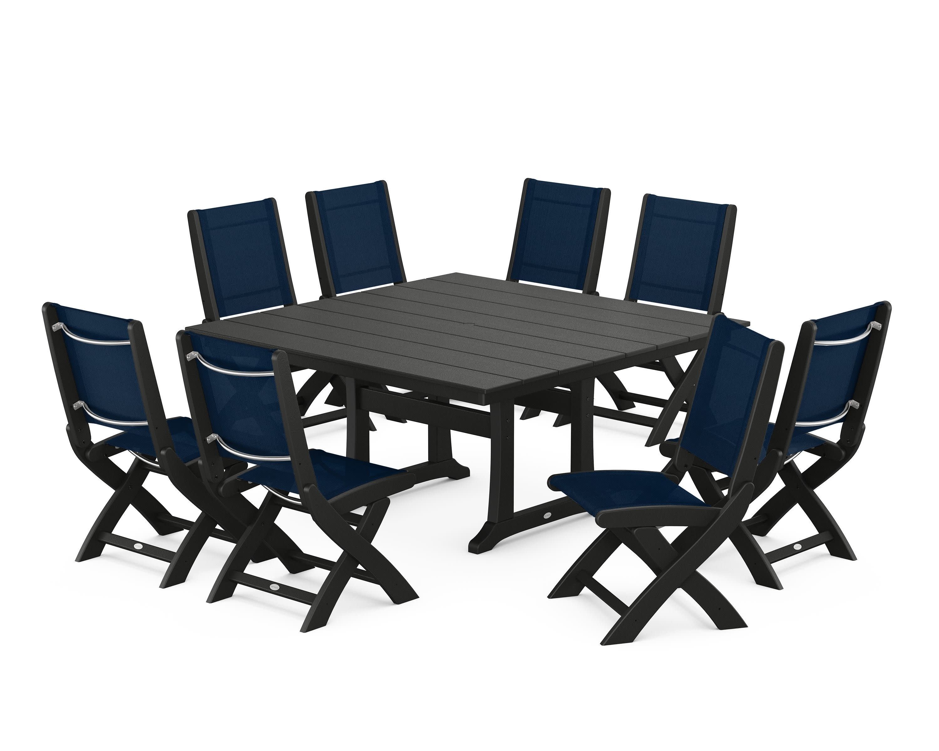 Coastal Folding Side Chair 9-Piece Farmhouse Dining Set in Black / Navy Blue Sling