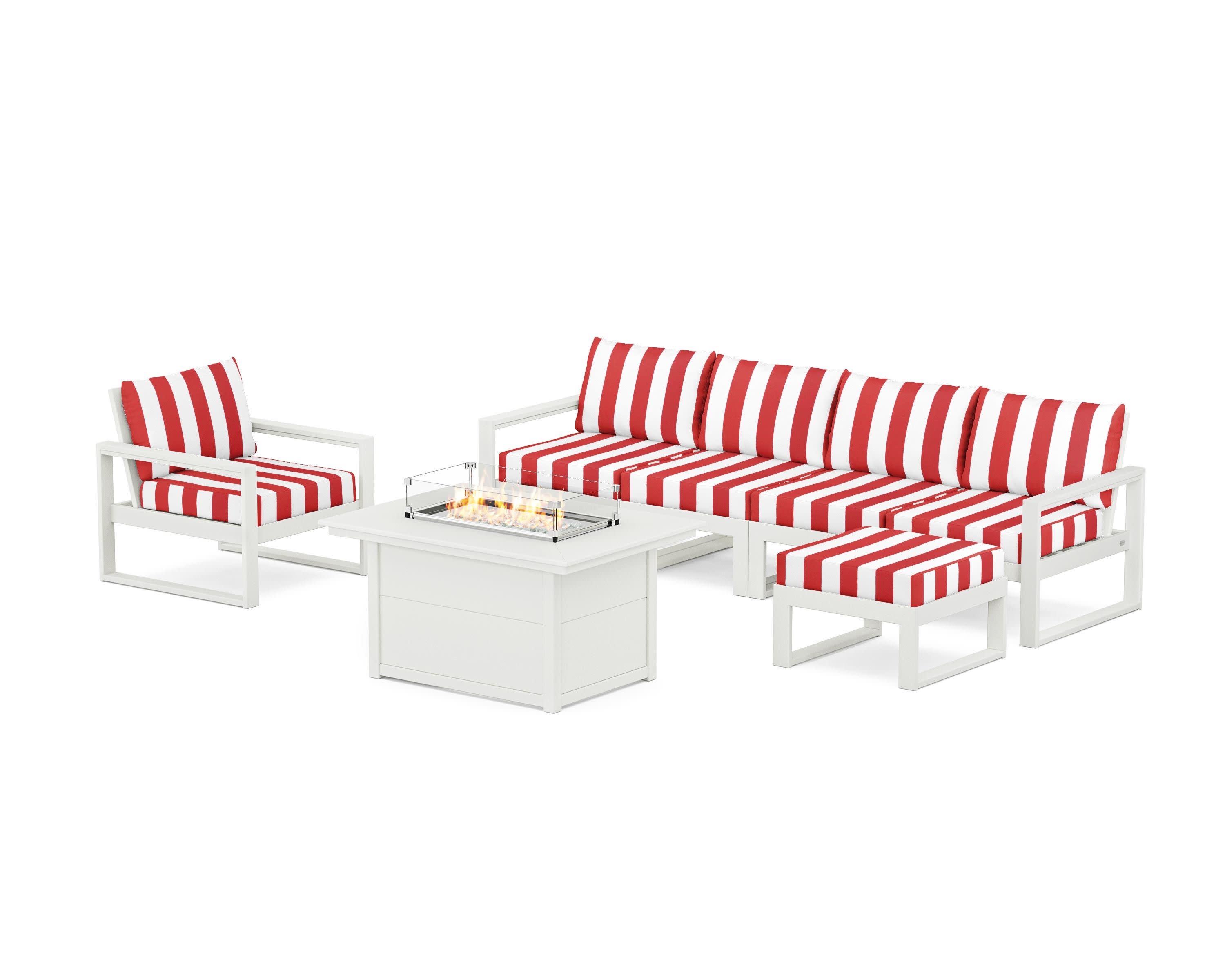 EDGE Sectional Lounge and Fire Pit Set in Vintage White / Cabana Stripe Crimson