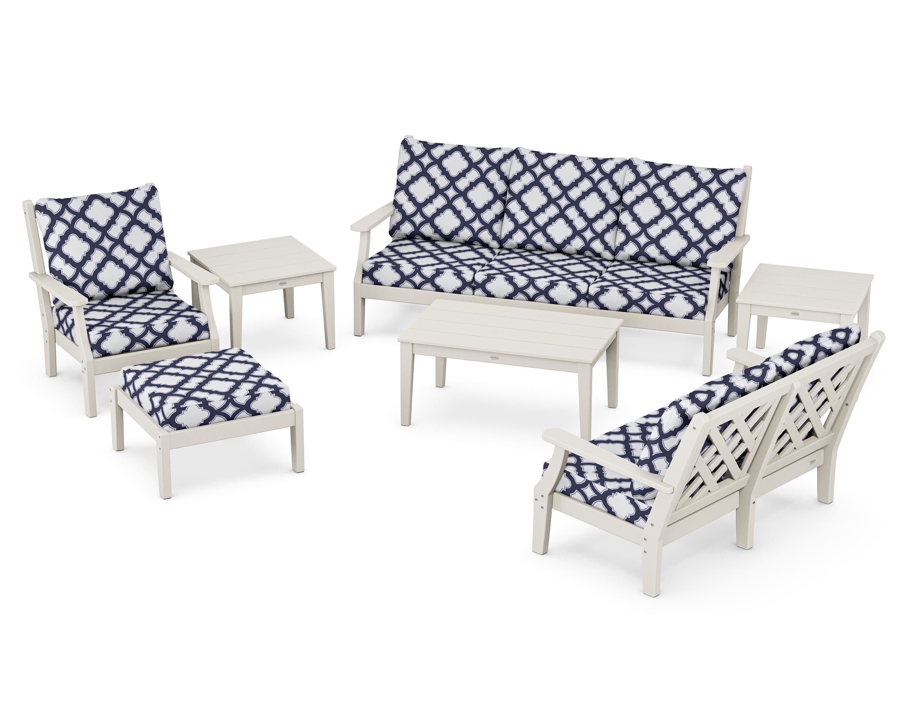 Wovendale 7-Piece Deep Seating Set in Sand / Trellis Navy