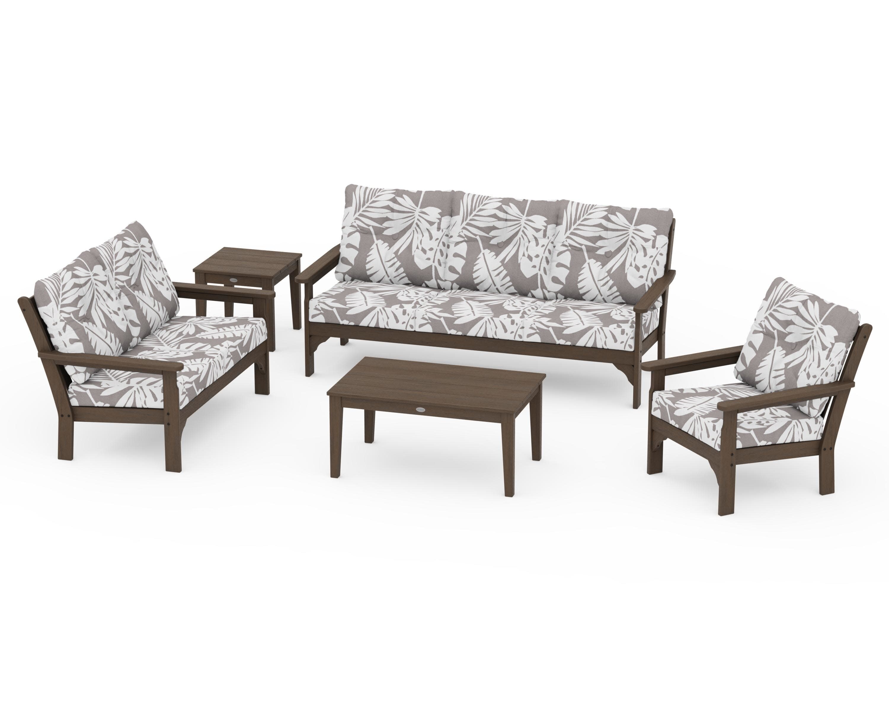 Vineyard 5 Piece Deep Seating Set in Kona / Leaf Grey Mist