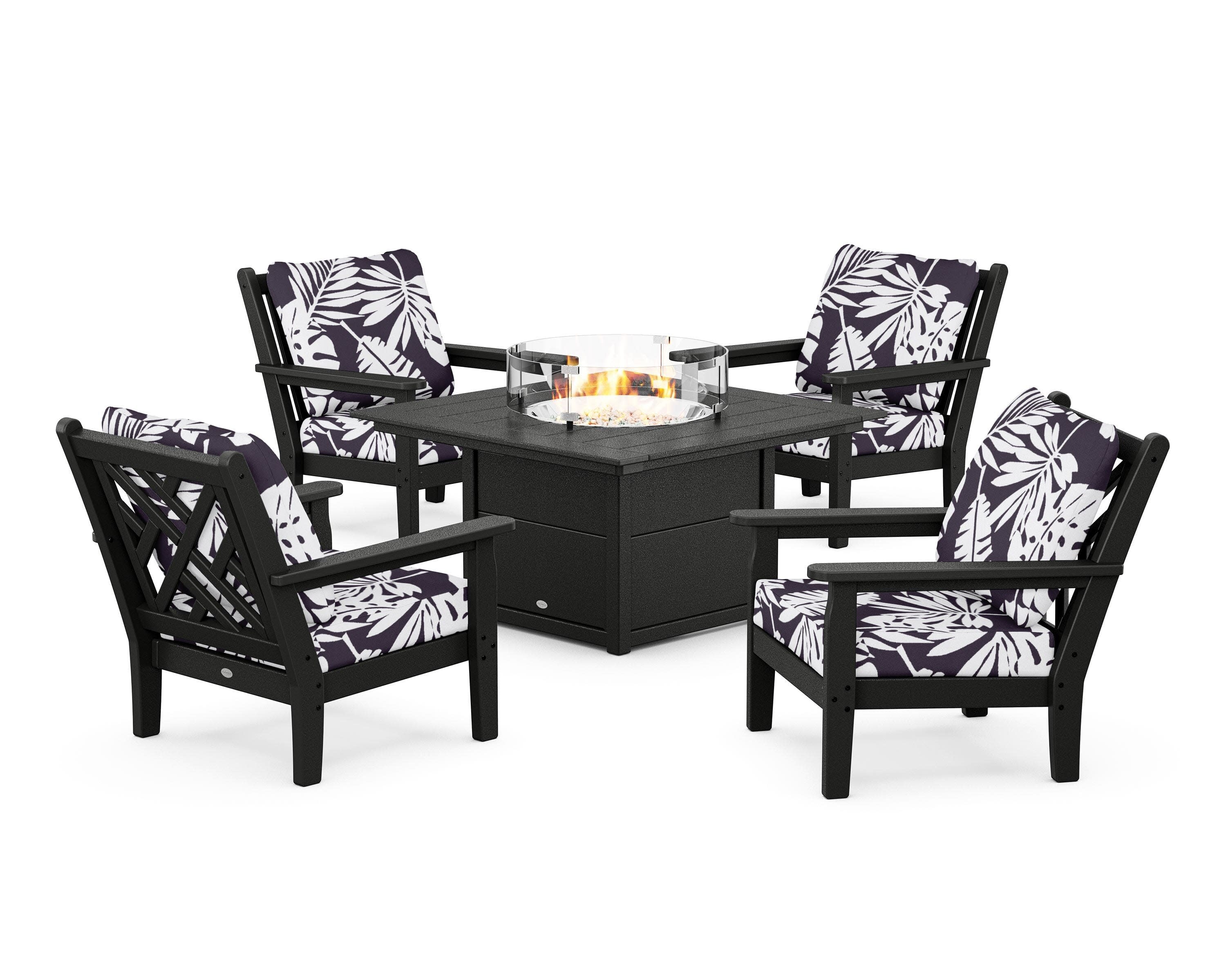 Chippendale 5-Piece Deep Seating Set with Fire Pit Table in Black / Leaf Navy