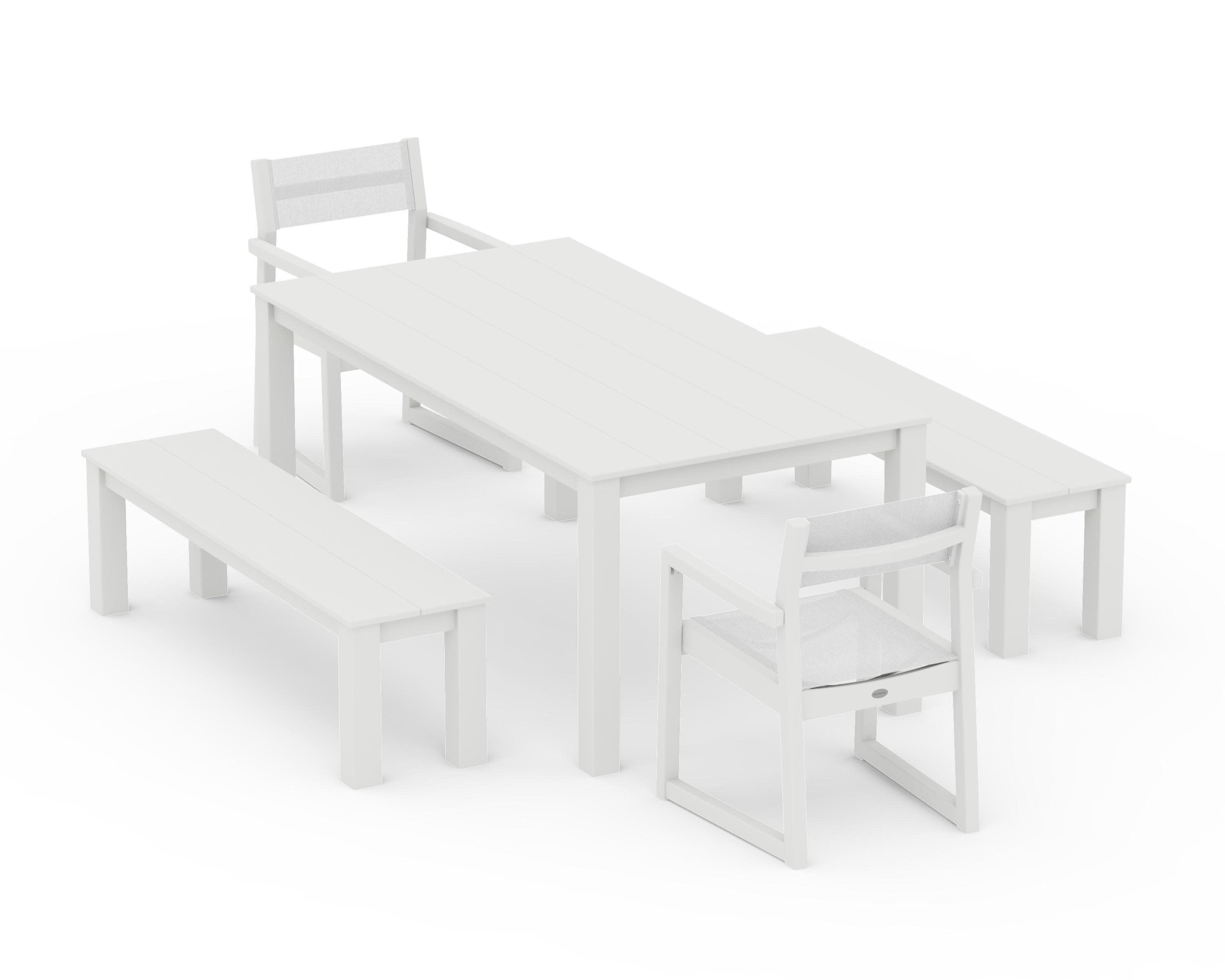 EDGE Sling Arm Chair 5-Piece Parsons Dining Set with Benches in Vintage White / White Sling