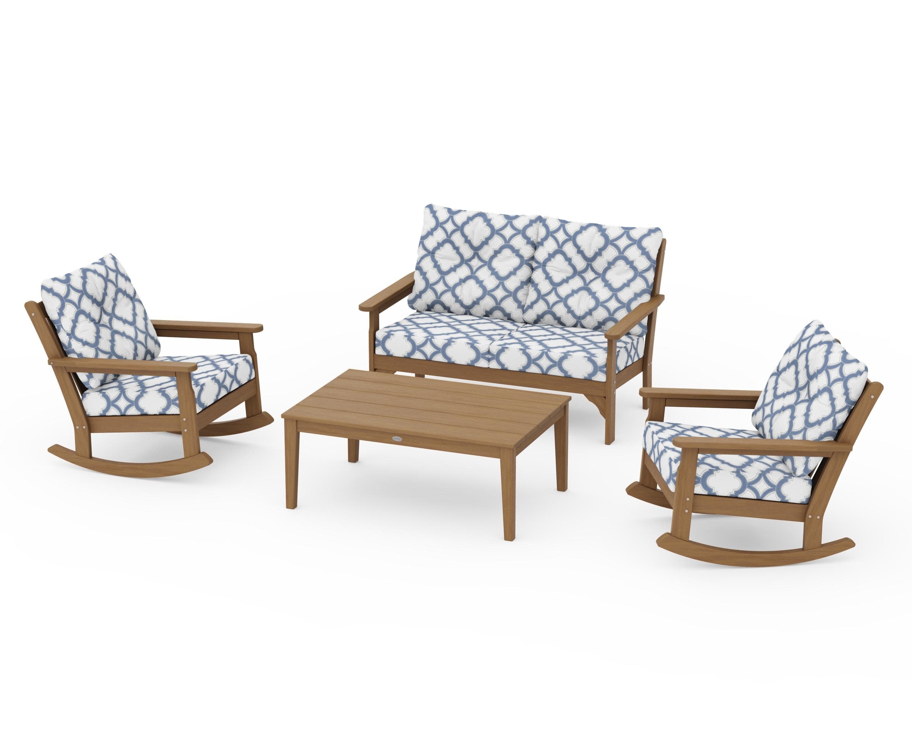 Vineyard 4-Piece Deep Seating Rocking Chair Set in Natural / Trellis Sky Blue