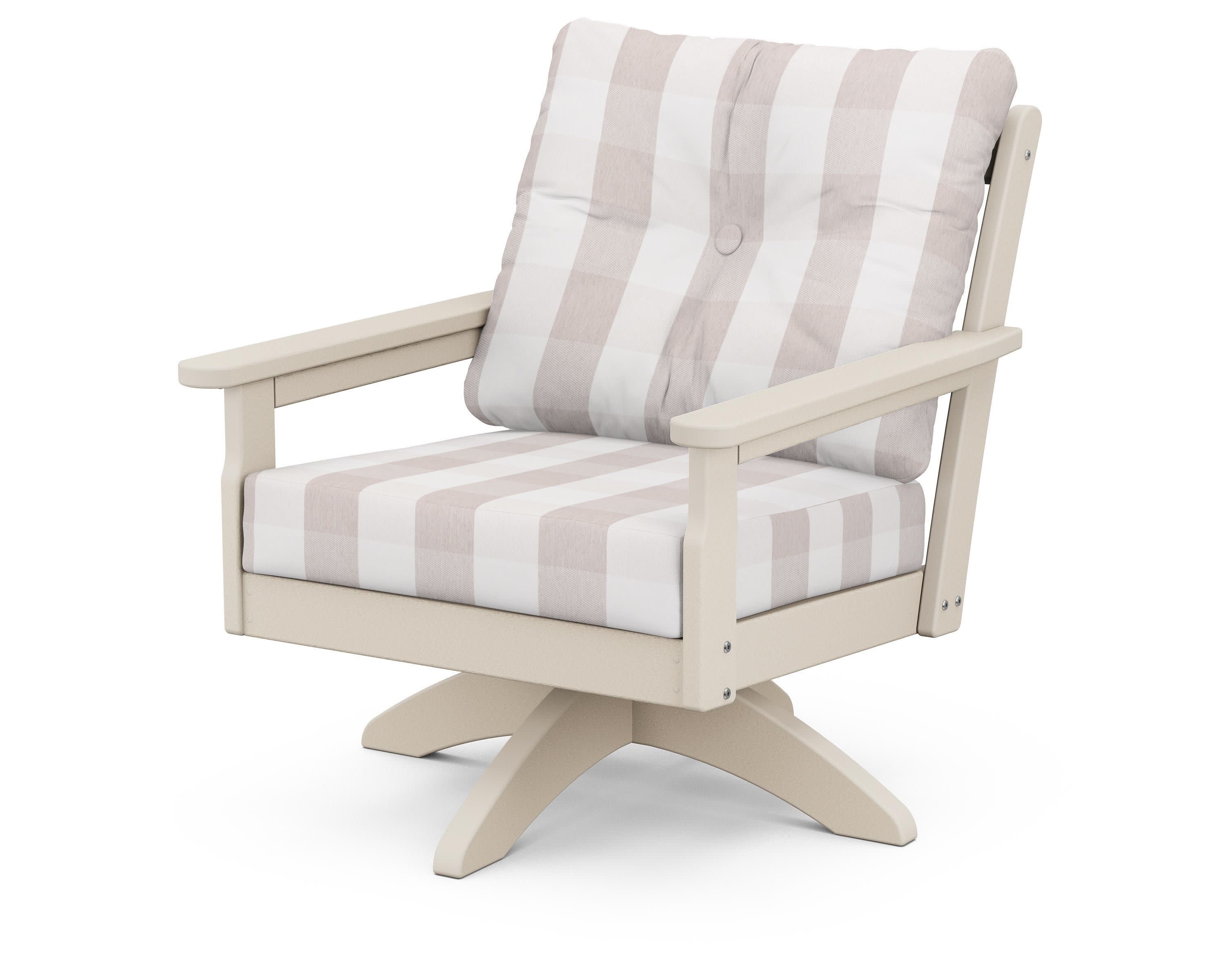 Vineyard Deep Seating Swivel Chair in Sand / Buffalo Plaid Dune Burlap