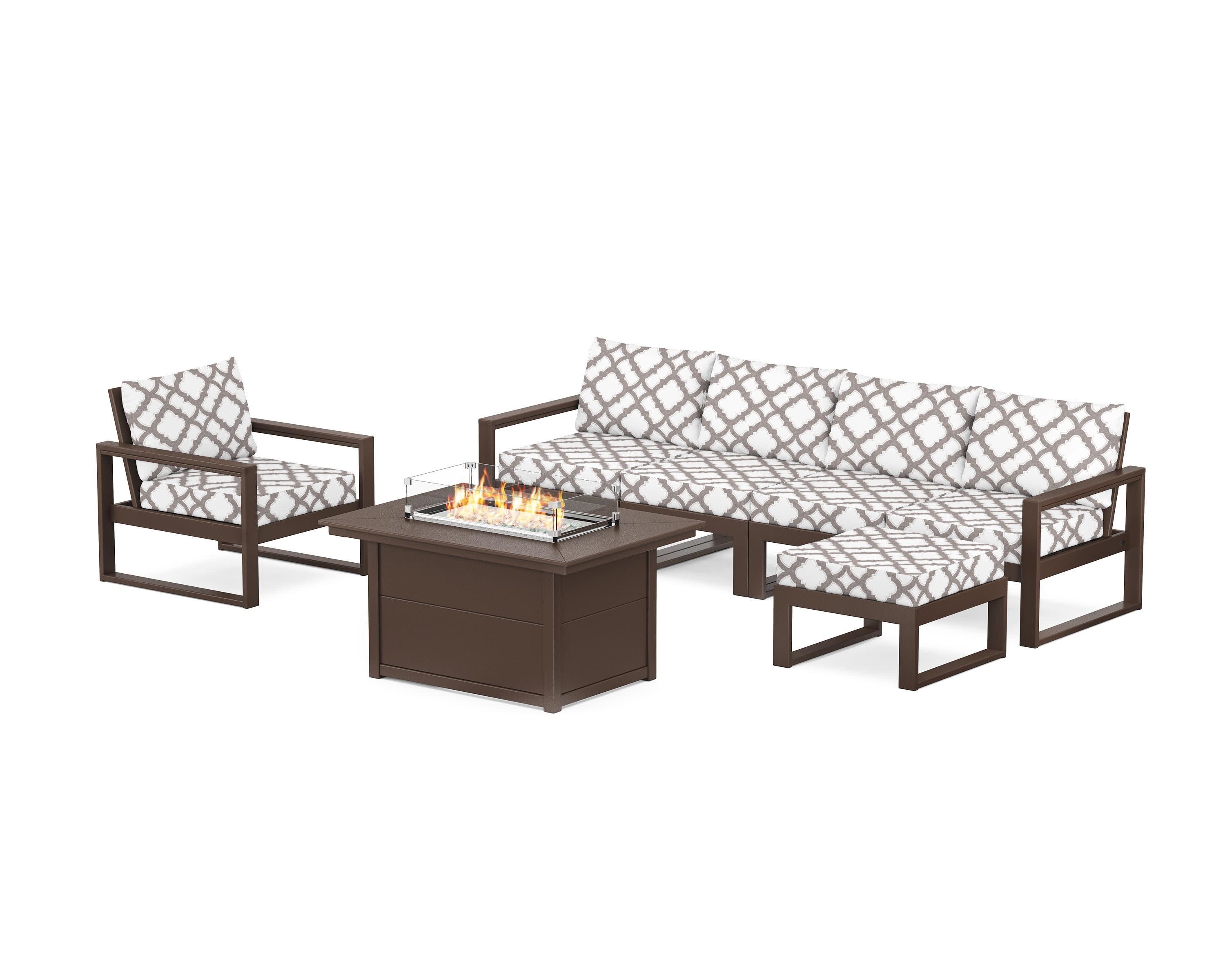 EDGE Sectional Lounge and Fire Pit Set in Mahogany / Trellis Grey Mist