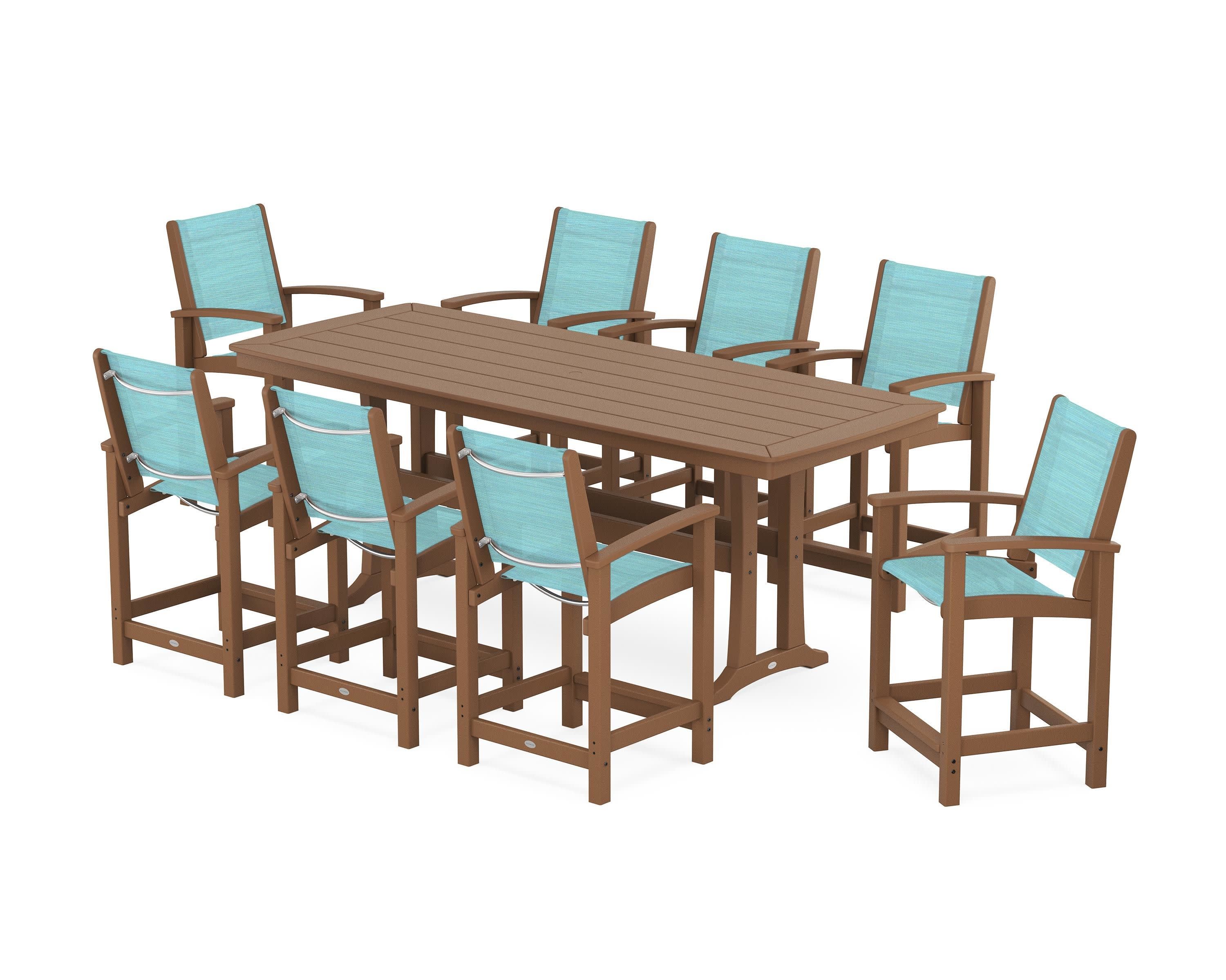 Coastal 9-Piece Counter Set with Trestle Legs in Teak / Dupioni Aquamarine Sling