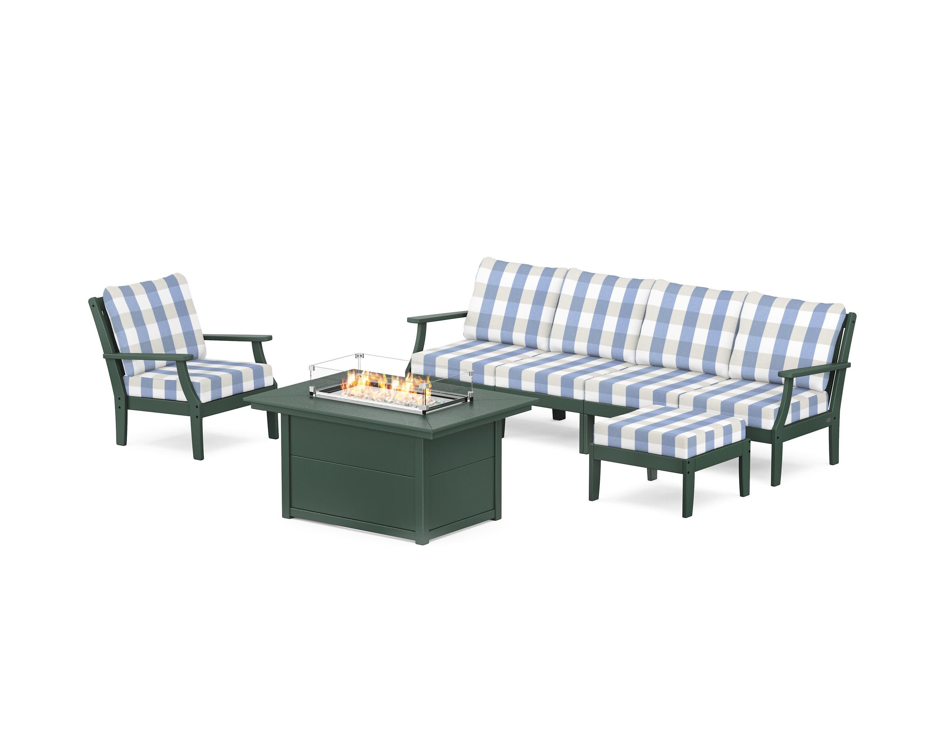 Braxton Sectional Lounge and Fire Pit Set in Green / Buffalo Plaid Sky Blue