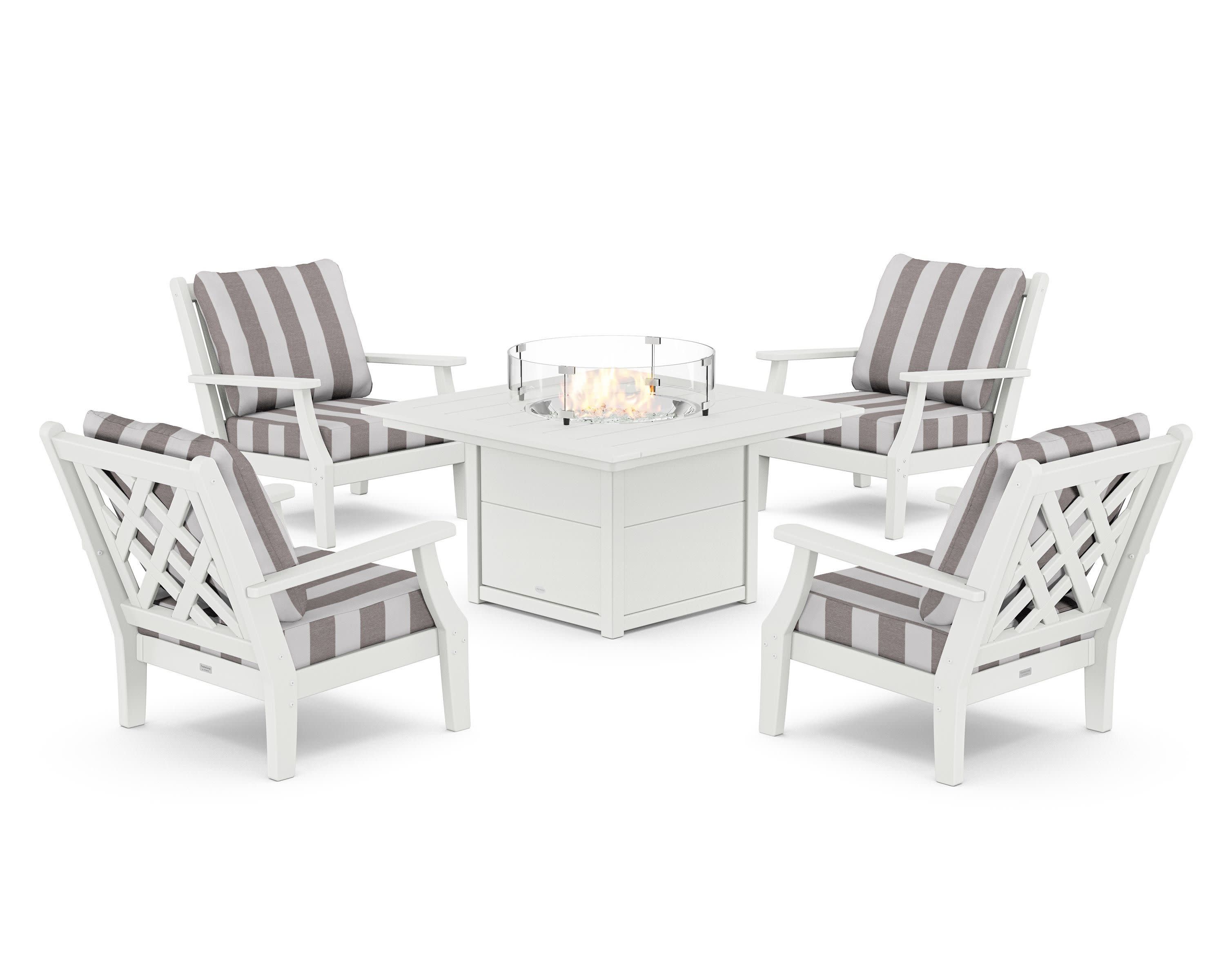 Wovendale 5-Piece Deep Seating Set with Fire Pit Table in White / Cabana Stripe Grey Mist