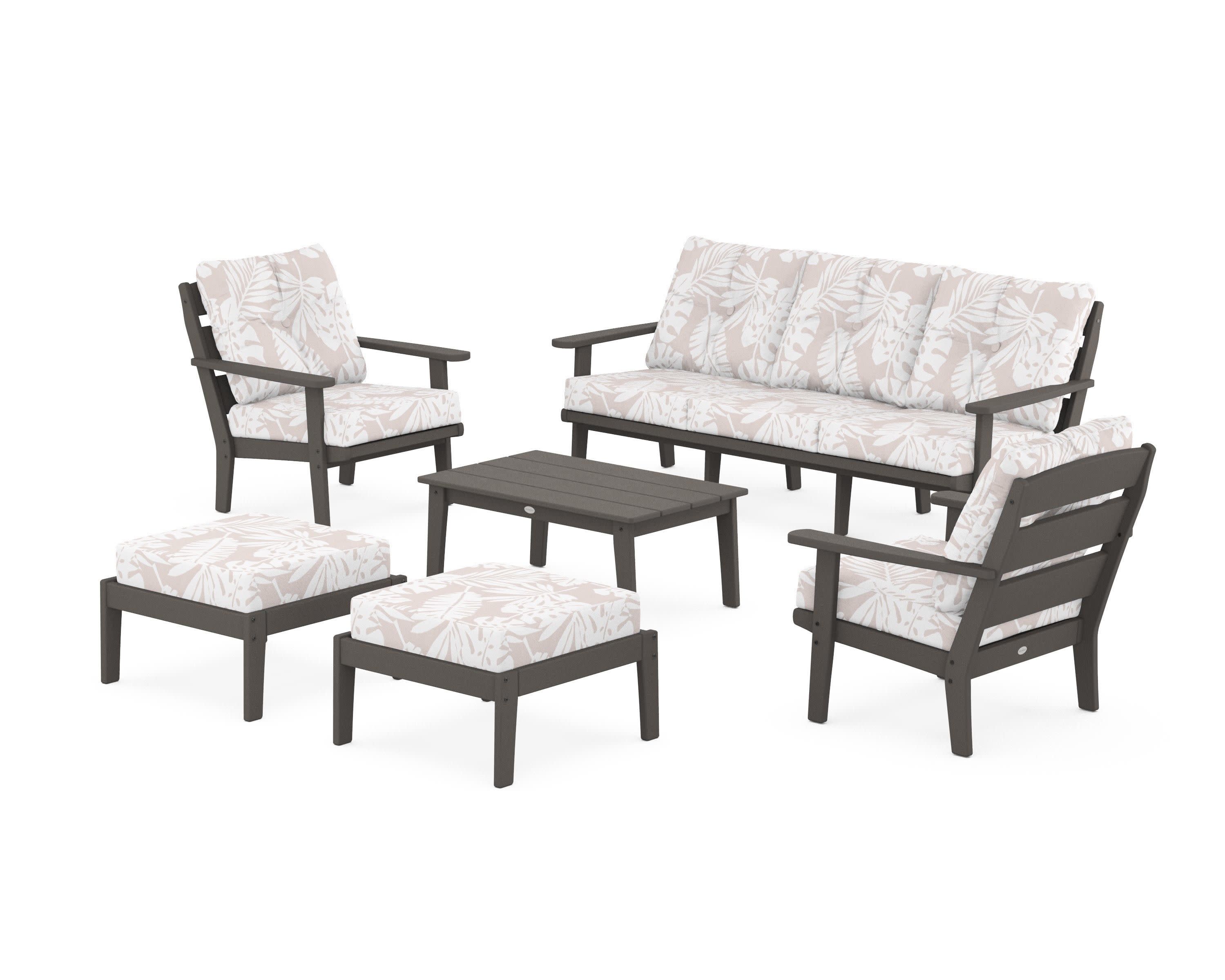 Lakeside 6-Piece Lounge Sofa Set in Vintage Coffee / Leaf Dune Burlap