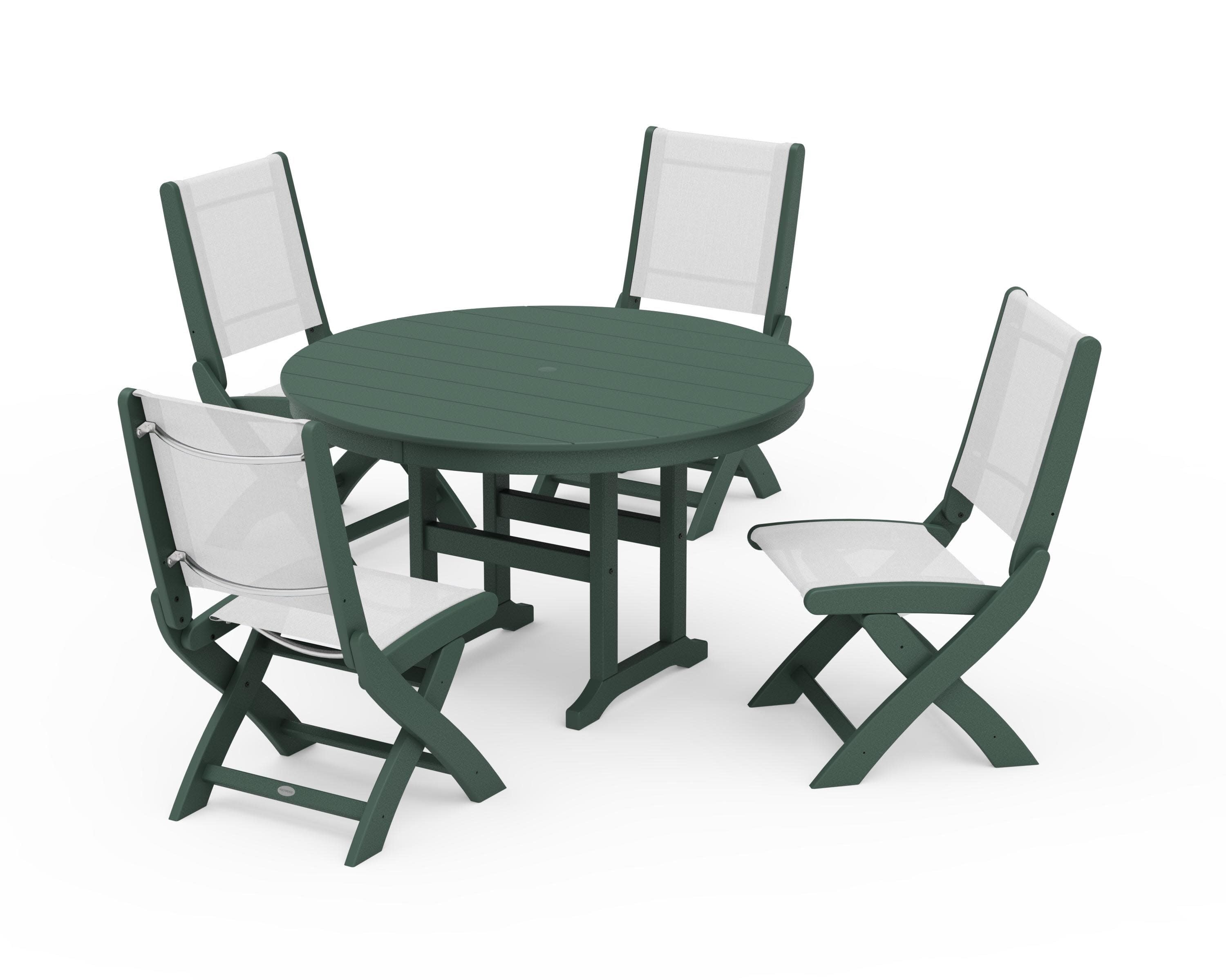Coastal Folding Side Chair 5-Piece Round Dining Set in Green / White Sling