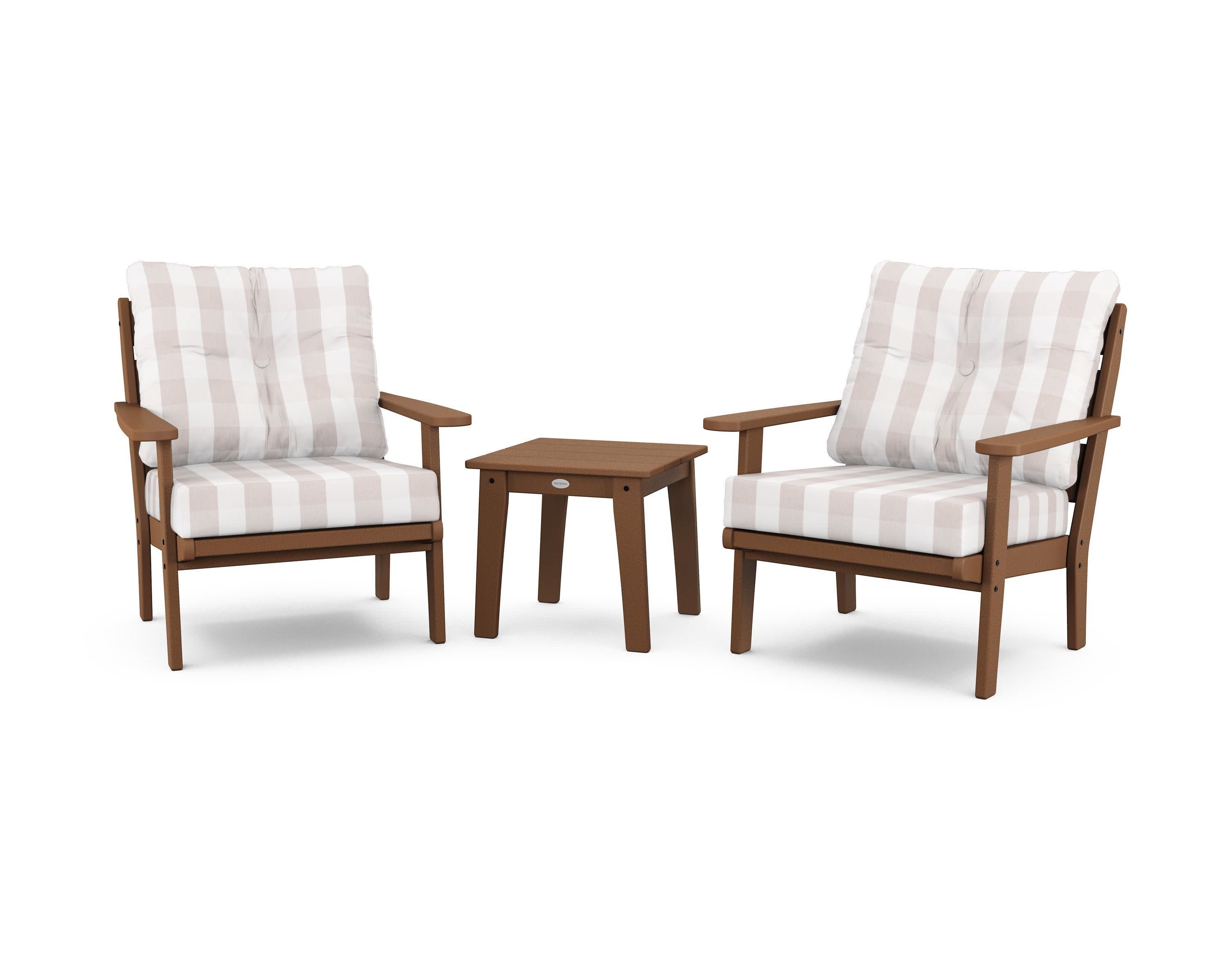 Lakeside 3-Piece Deep Seating Chair Set in Teak / Buffalo Plaid Dune Burlap