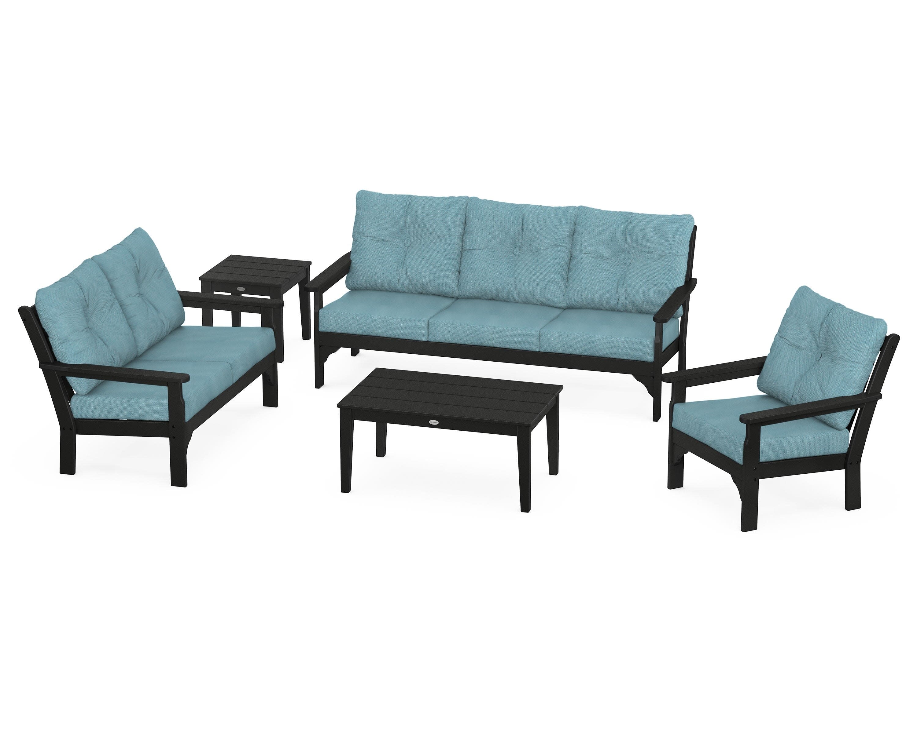 Vineyard 5 Piece Deep Seating Set in Black / Lattice Sky Blue