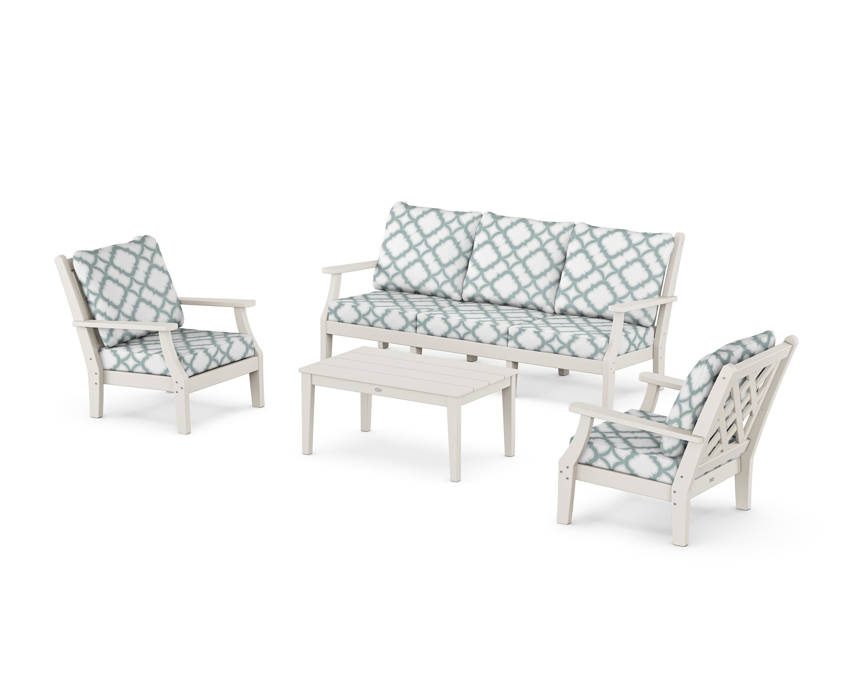Wovendale 4-Piece Deep Seating Set with Sofa in Sand / Trellis Glacier Spa