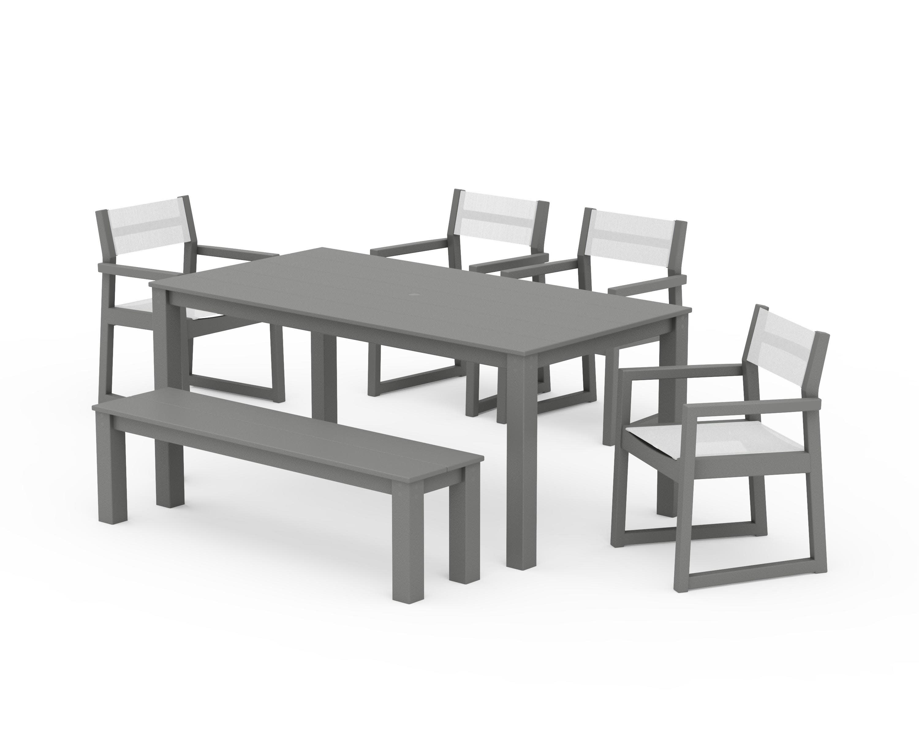 EDGE Sling Arm Chair 6-Piece Parsons Dining Set with Bench in Slate Grey / White Sling