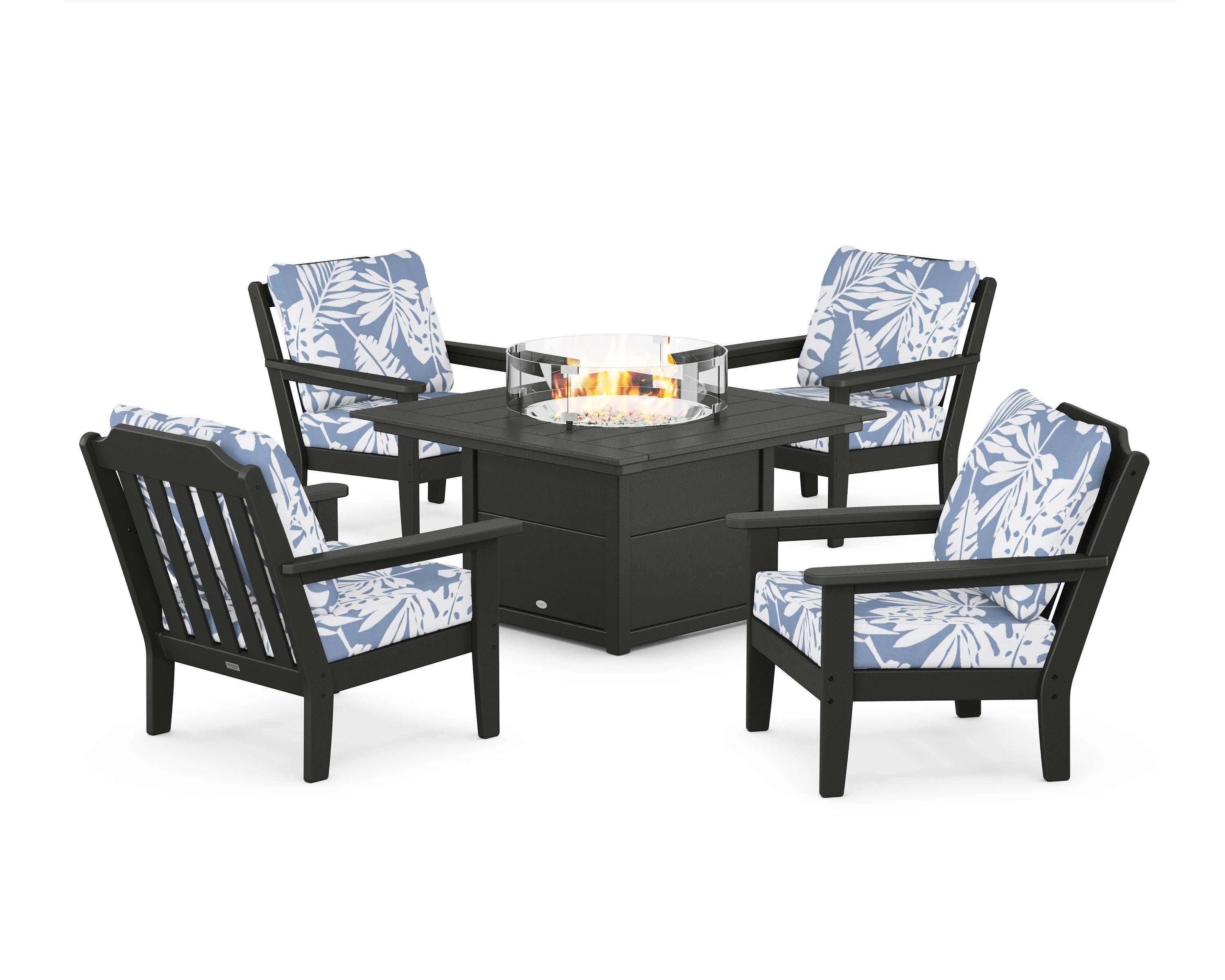 Cottage 5-Piece Deep Seating Set with Fire Pit Table in Black / Leaf Sky Blue