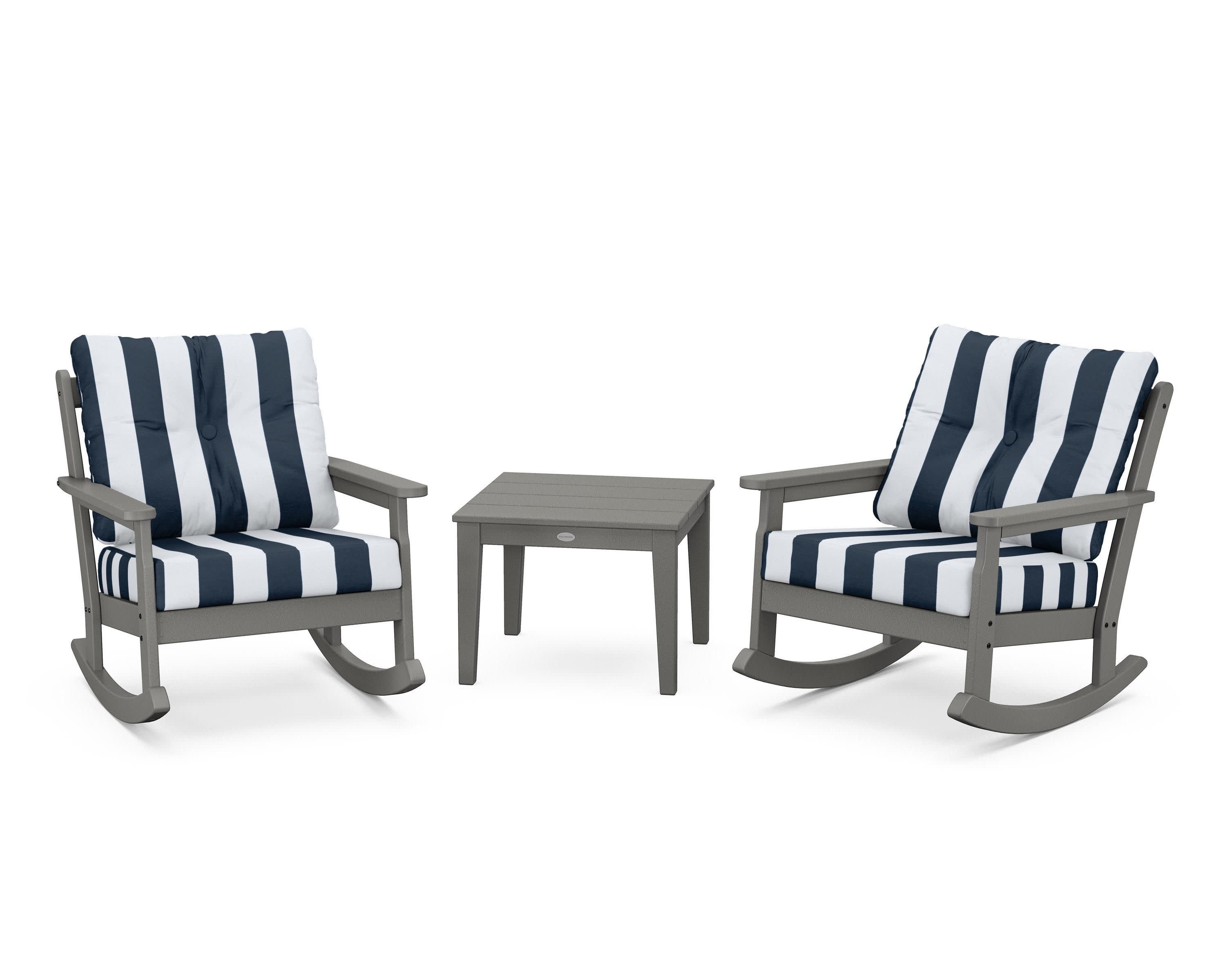 Vineyard 3-Piece Deep Seating Rocker Set in Slate Grey / Cabana Stripe Marine Indigo
