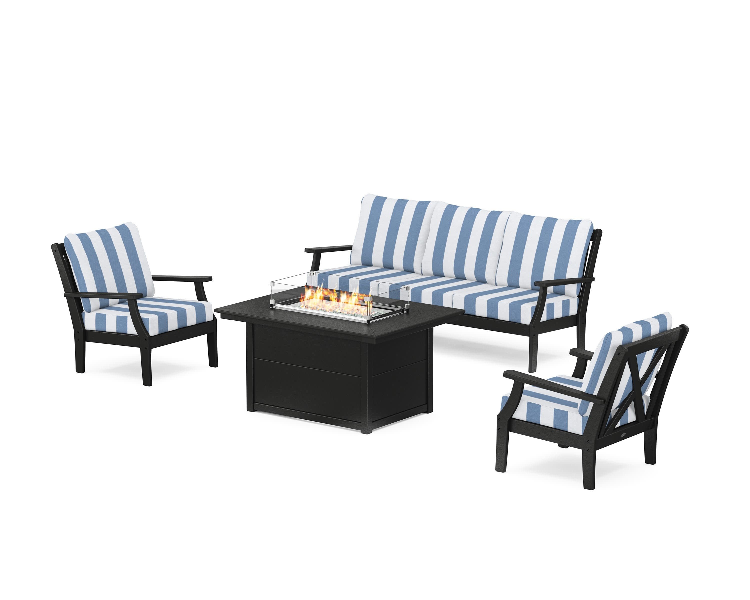 Braxton Deep Seating Fire Pit Table Set in Black / Cabana Stripe Sky Blue