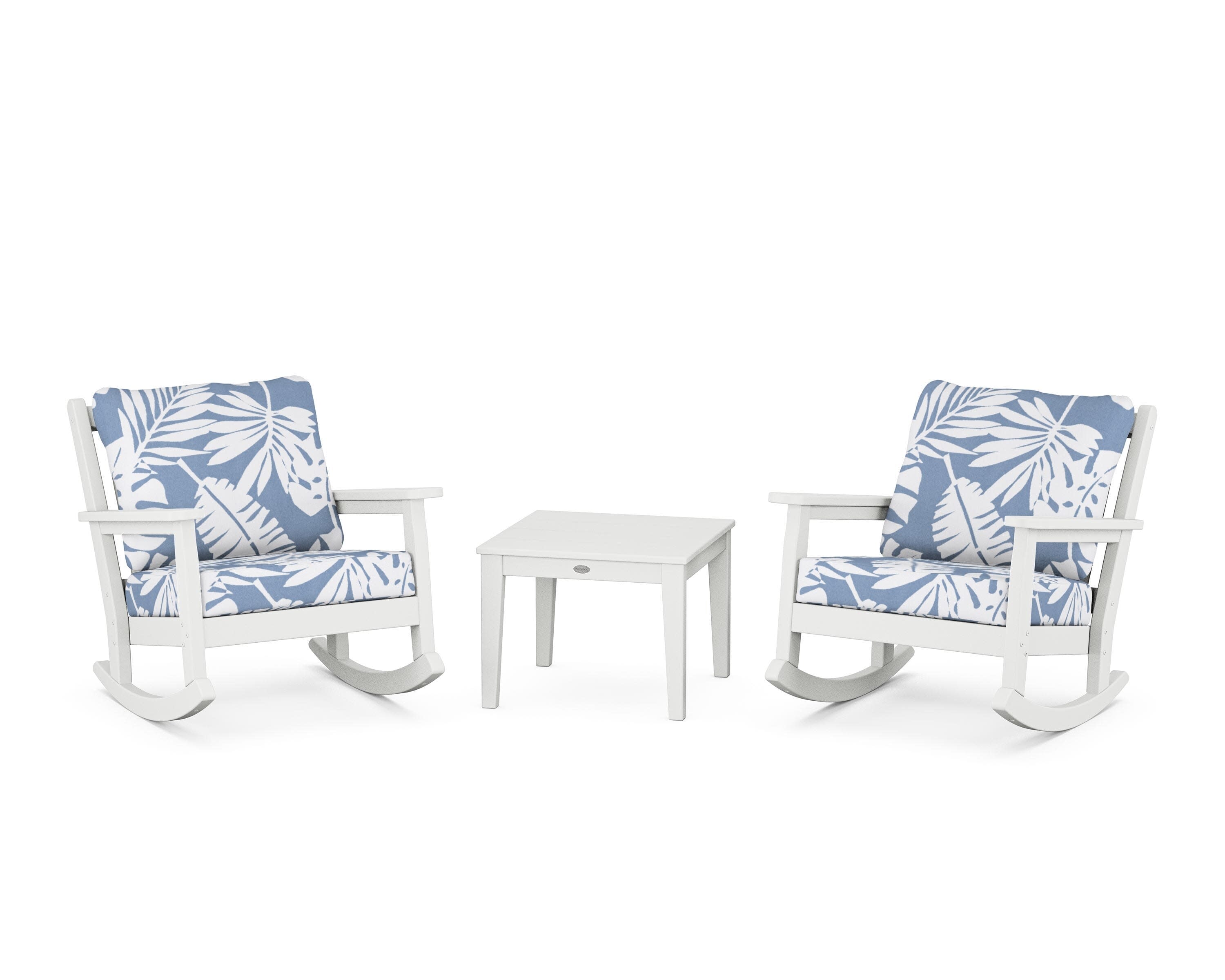 Chippendale 3-Piece Deep Seating Rocker Set in White / Leaf Sky Blue