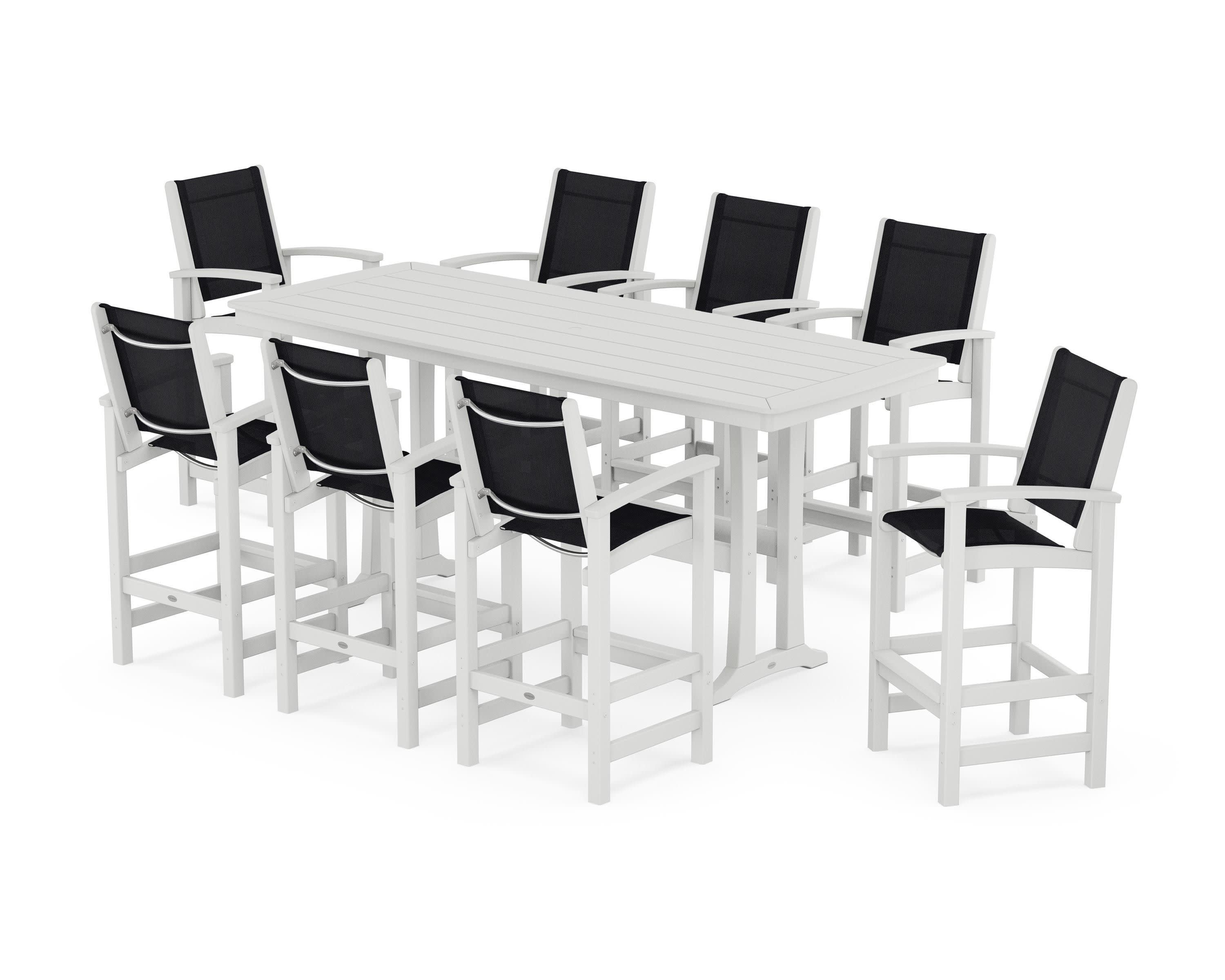 Coastal 9-Piece Bar Set with Trestle Legs in White / Black Sling