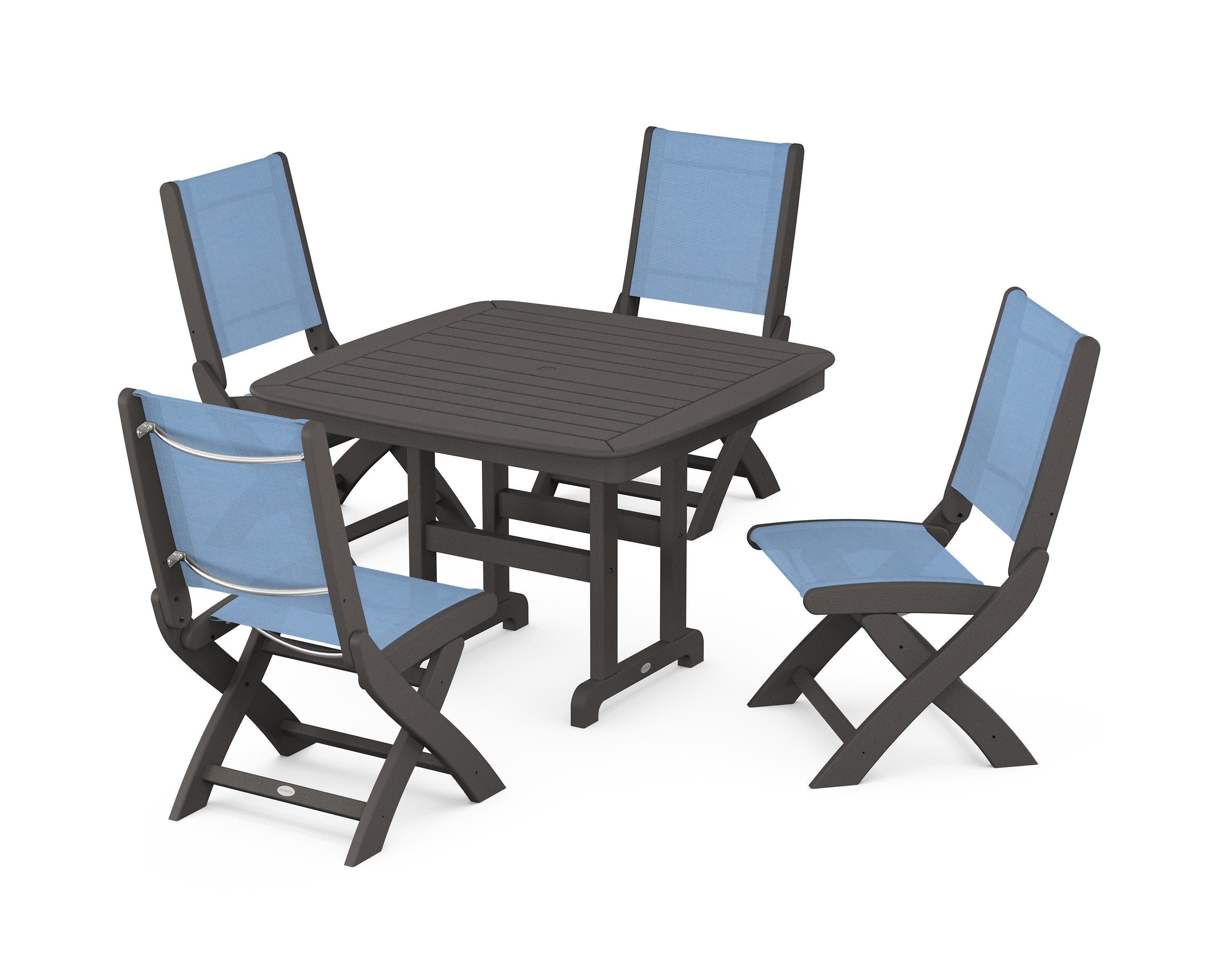 Coastal Folding Side Chair 5-Piece Dining Set in Vintage Coffee / Poolside Sling