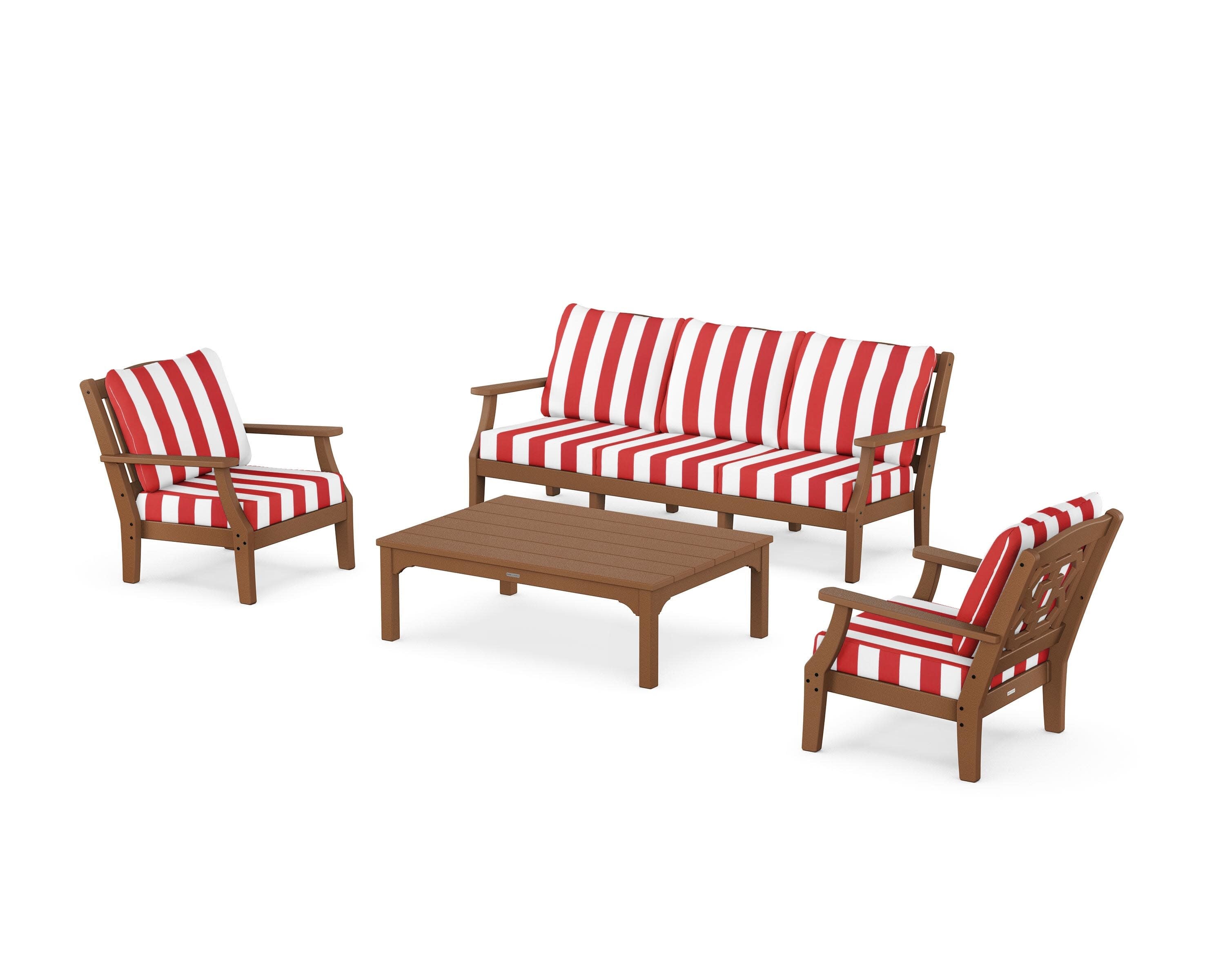 Chinoiserie 4-Piece Deep Seating Set with Sofa in Teak / Cabana Stripe Crimson