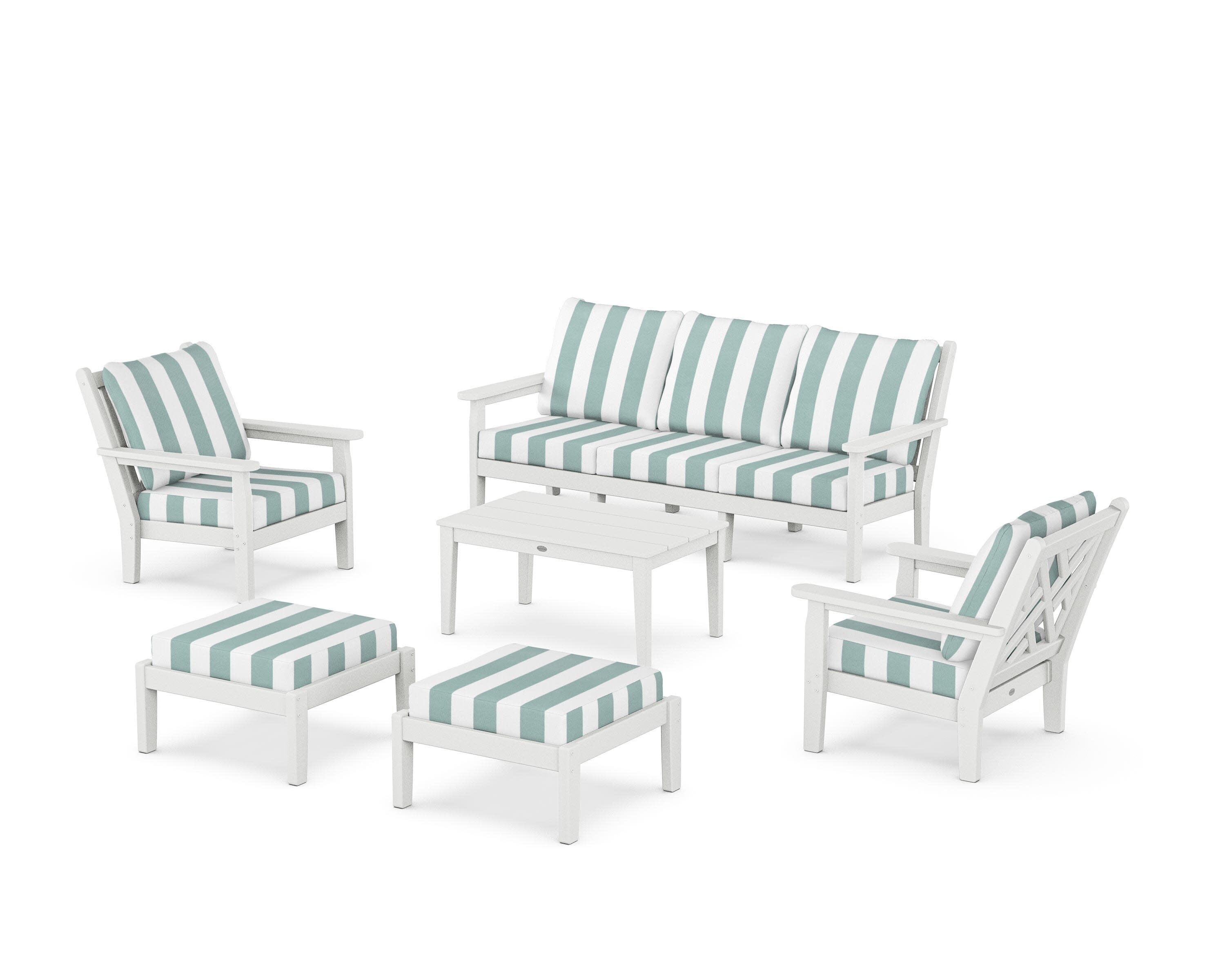 Chippendale 6-Piece Lounge Sofa Set in White / Cabana Stripe Glacier Spa
