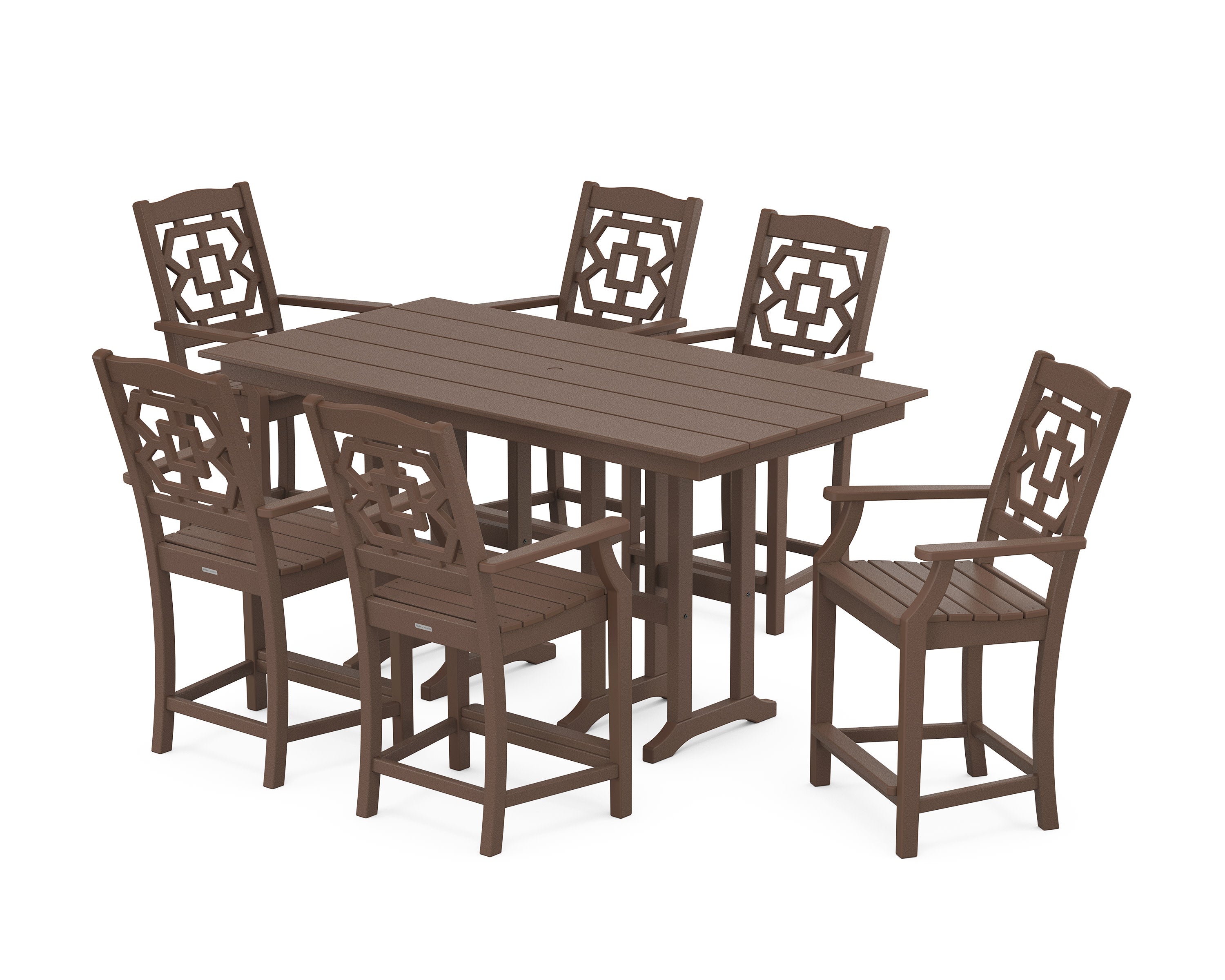 Chinoiserie Arm Chair 7-Piece Farmhouse Counter Set in Mahogany