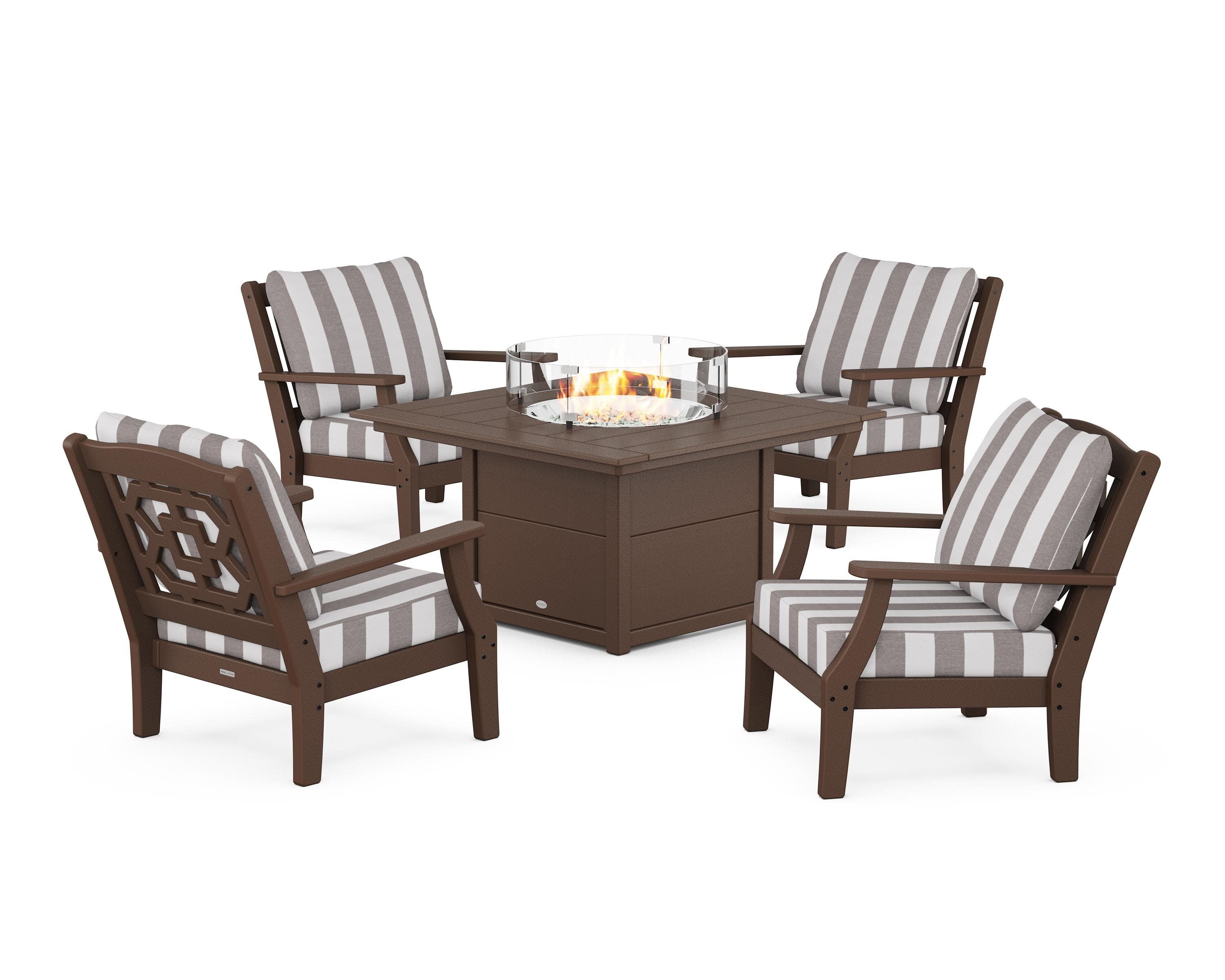 Chinoiserie 5-Piece Deep Seating Set with Fire Pit Table in Mahogany / Cabana Stripe Grey Mist