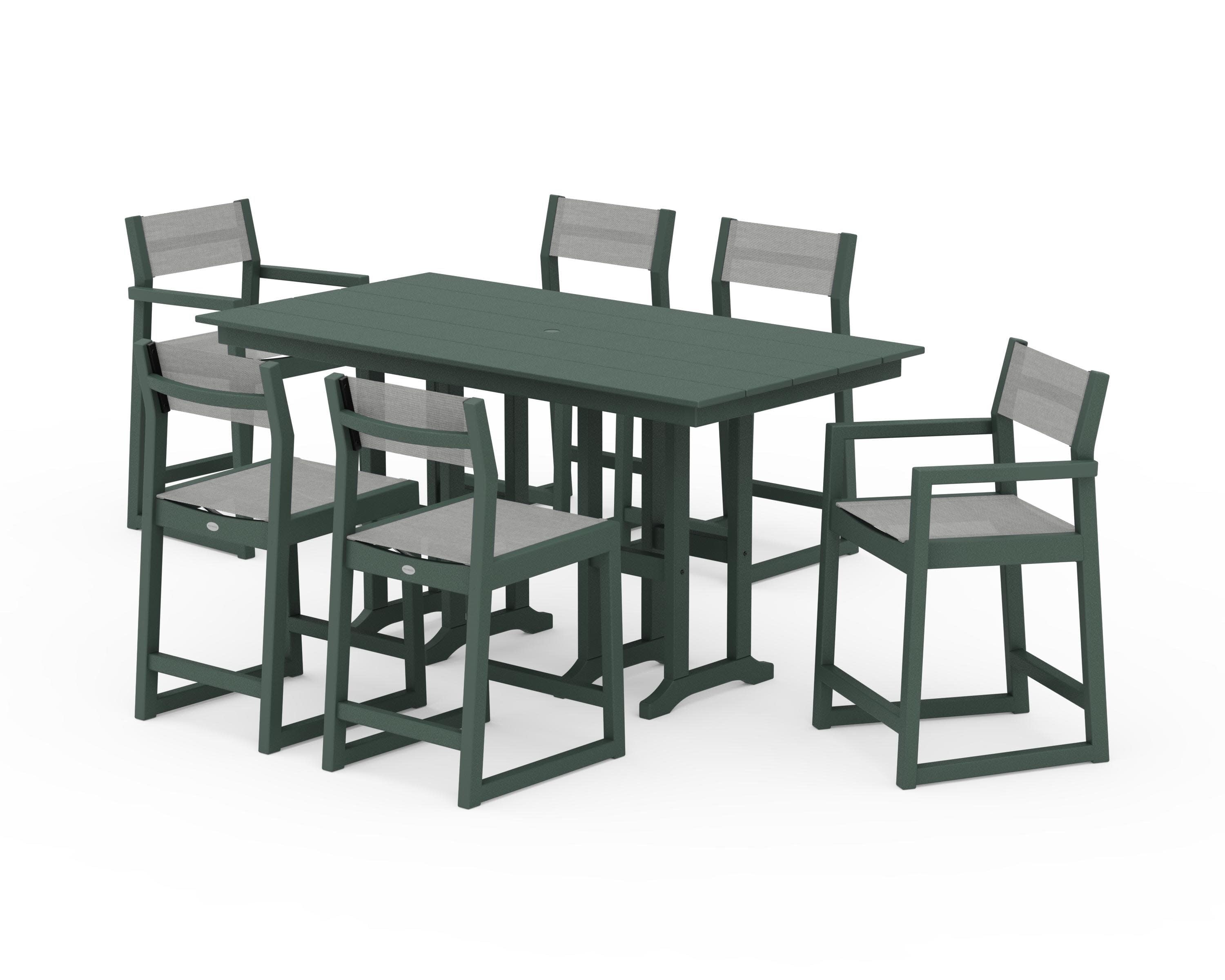 EDGE Sling 7-Piece Farmhouse Counter Set with Trestle Legs in Green / Metallic Sling