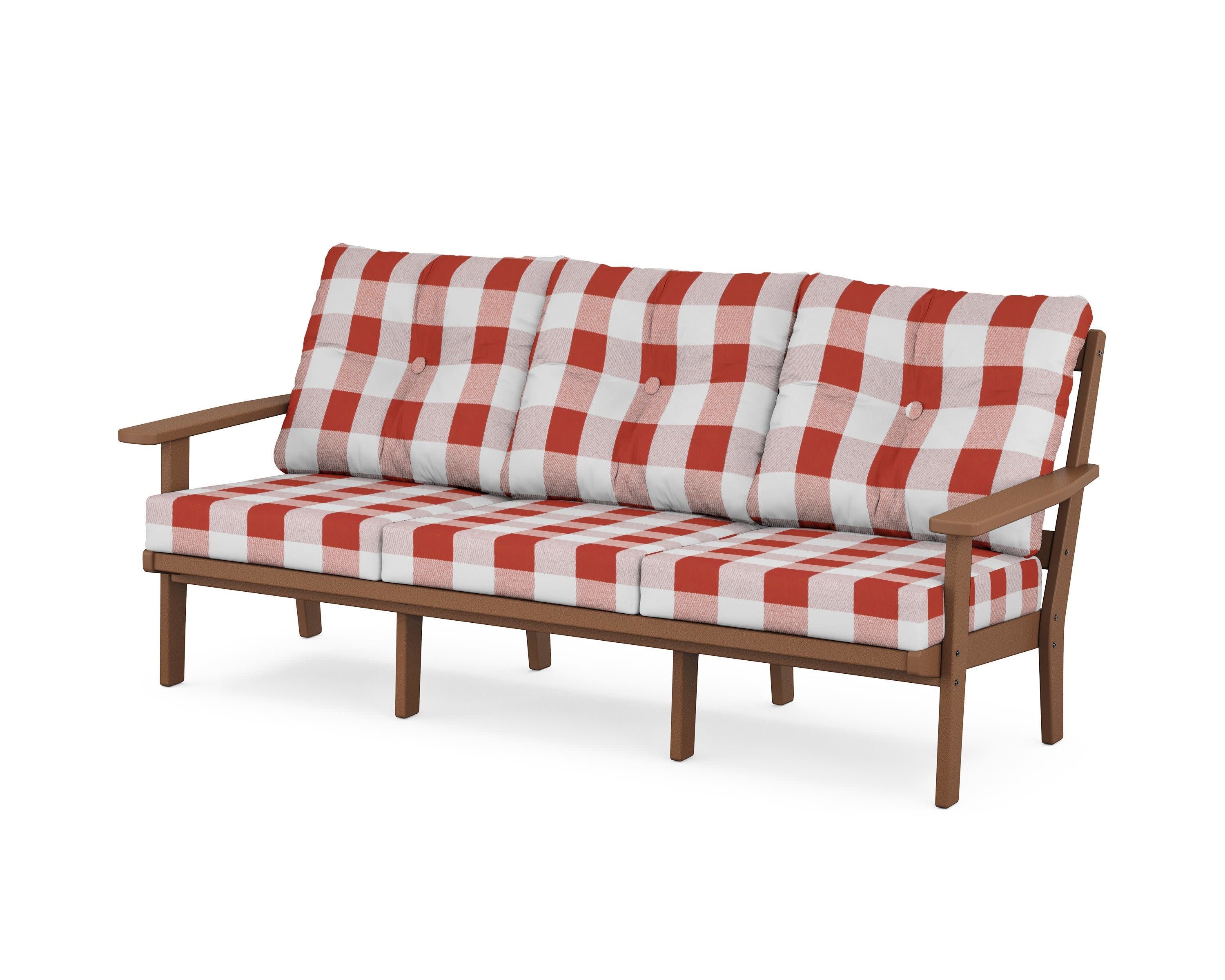 PrairieDeep Seating Sofa in Teak / Buffalo Plaid Crimson