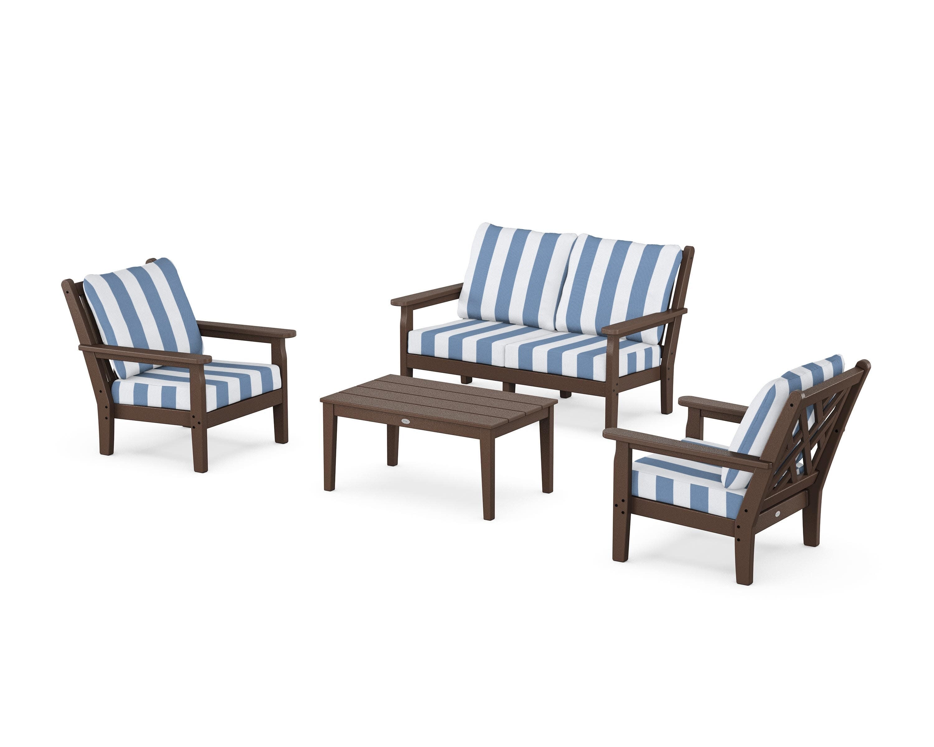 Chippendale 4-Piece Deep Seating Set with Loveseat in Mahogany / Cabana Stripe Sky Blue