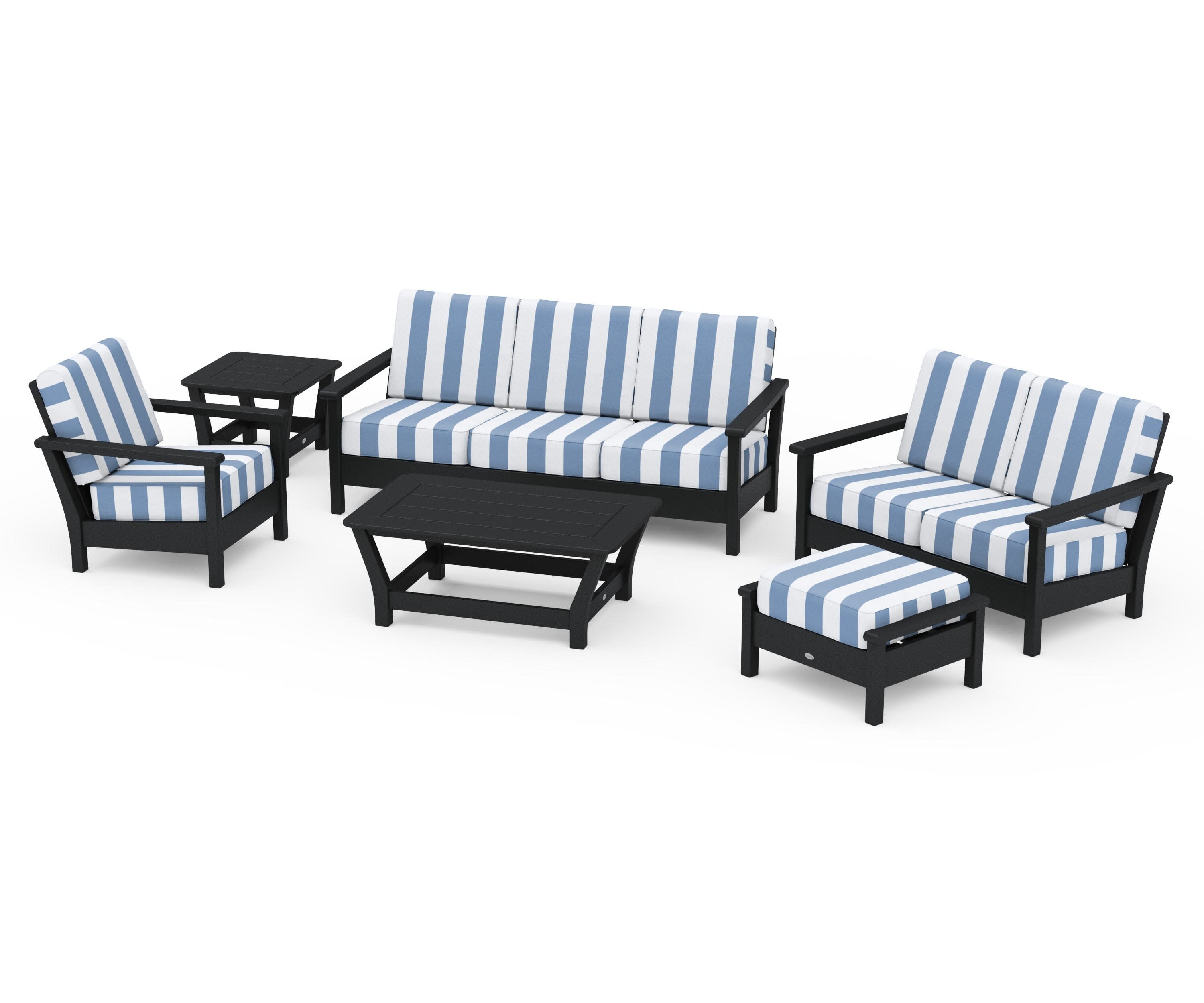 Harbour 6-Piece Outdoor Living Set in Black / Cabana Stripe Sky Blue