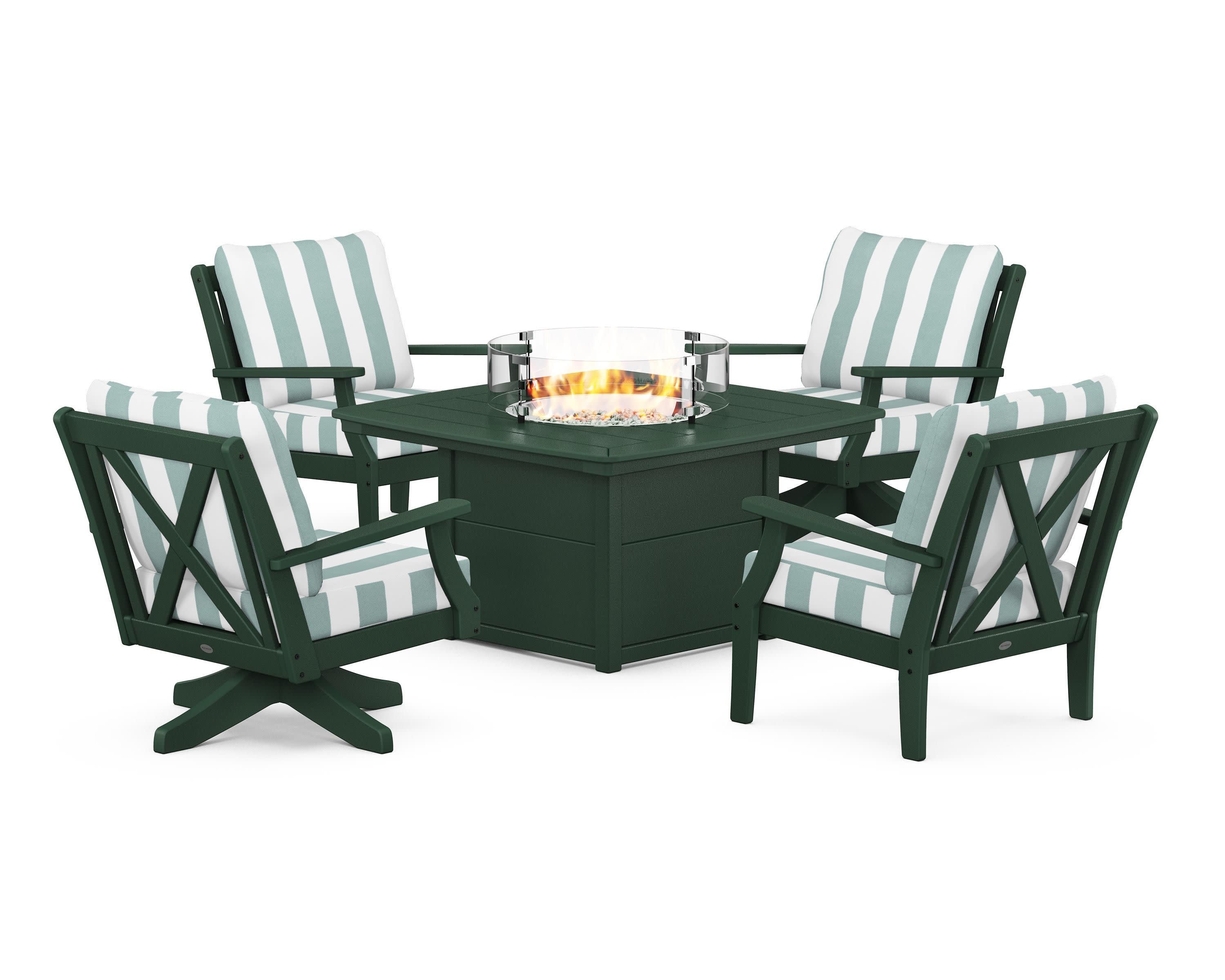 Braxton 5-Piece Deep Seating Set with Fire Table in Green / Cabana Stripe Glacier Spa