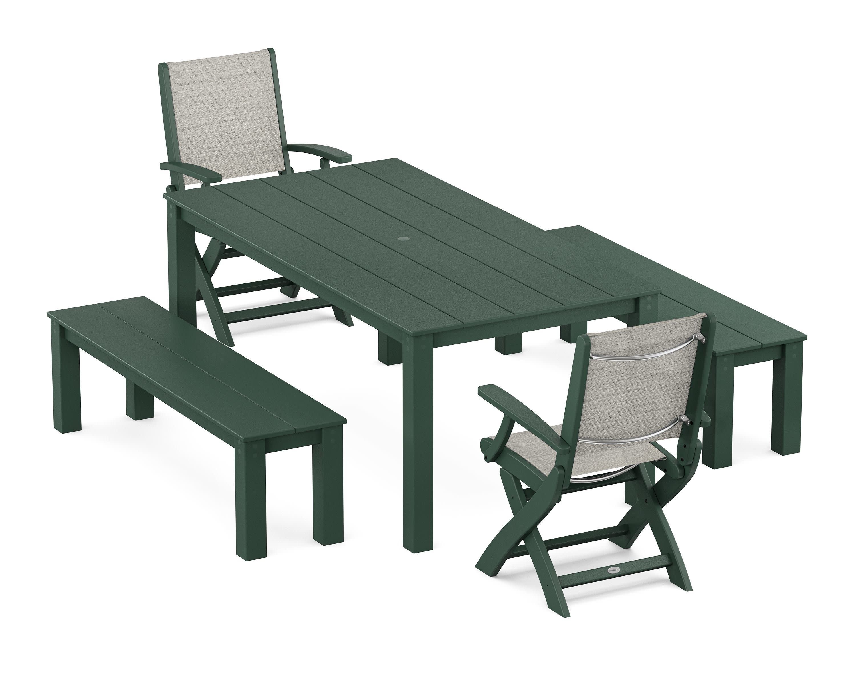 Coastal Folding Chair 5-Piece Parsons Dining Set with Benches in Green / Birch Sling