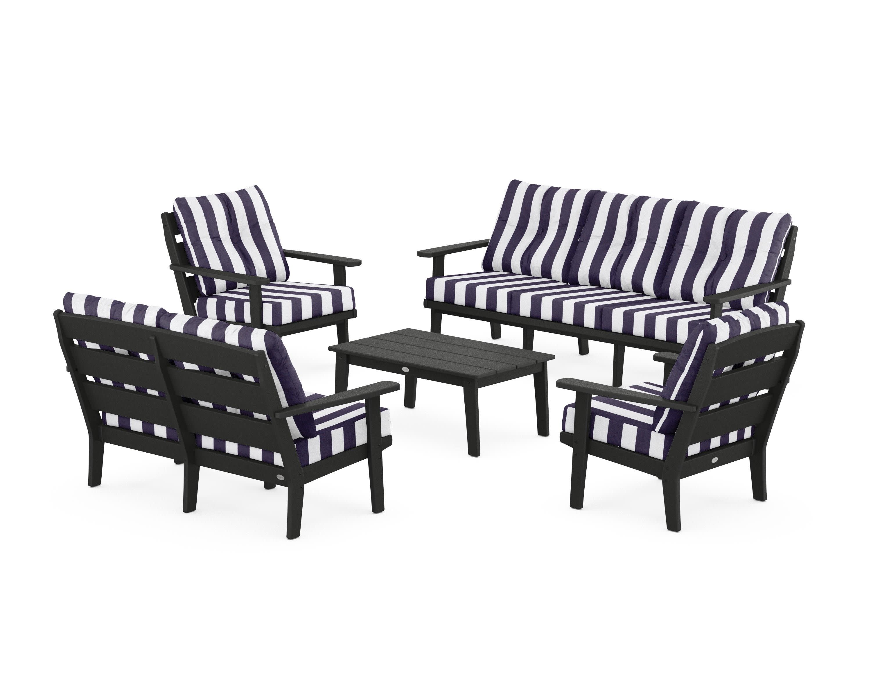 Lakeside 5-Piece Lounge Sofa Set in Black / Cabana Stripe Navy