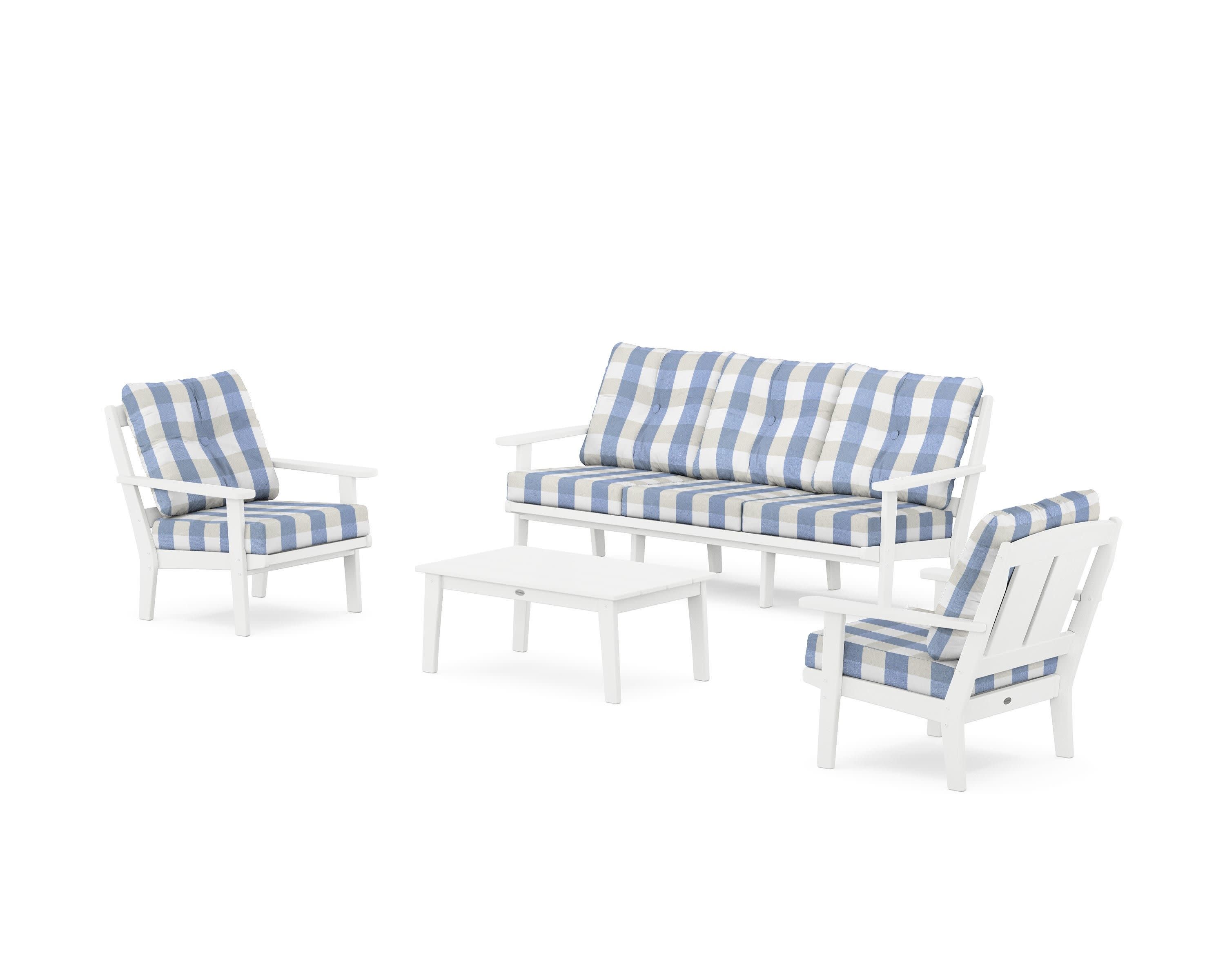 Mission 4-Piece Deep Seating Set with Sofa in White / Buffalo Plaid Sky Blue