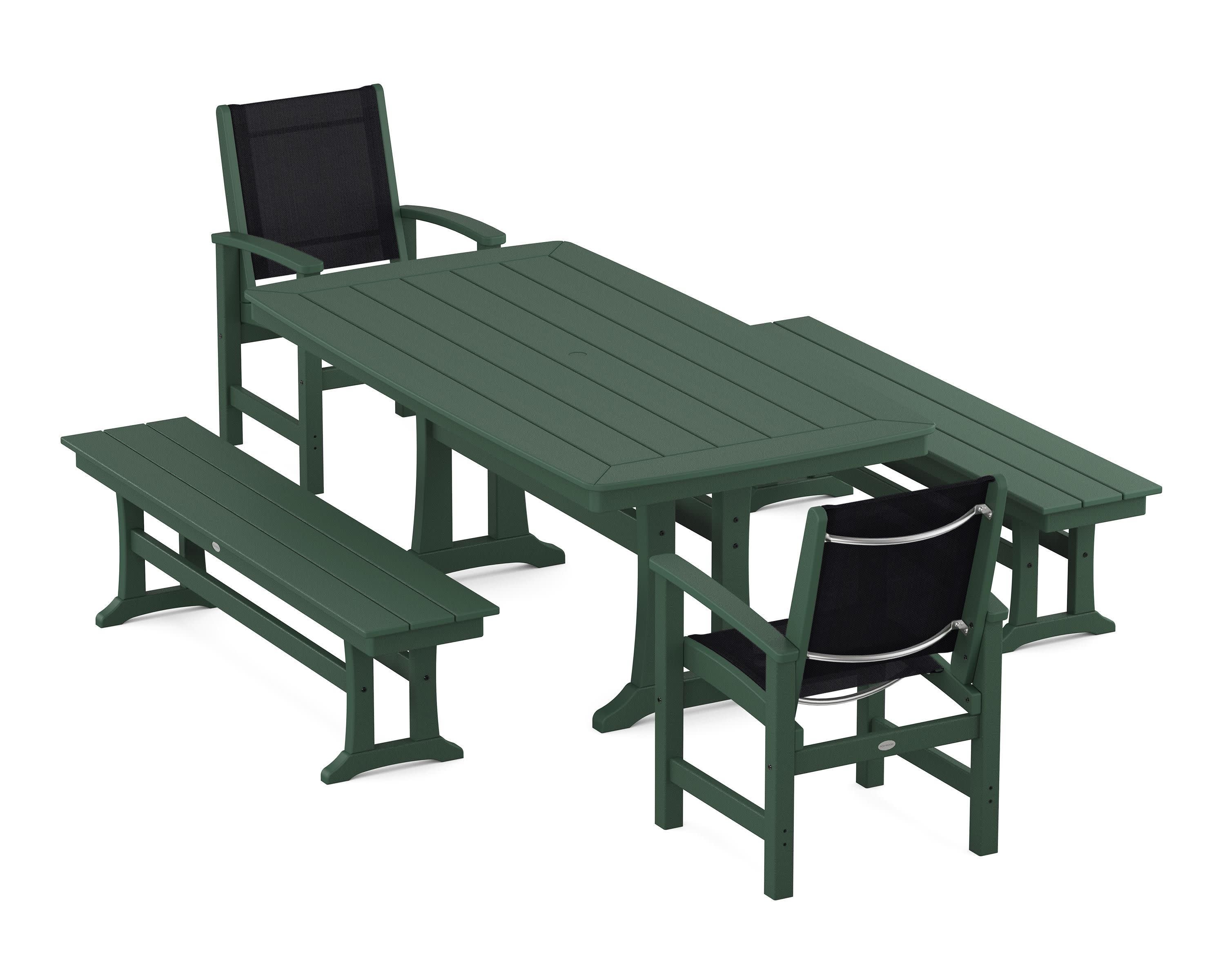 Coastal 5-Piece Dining Set with Trestle Legs and Benches in Green / Black Sling
